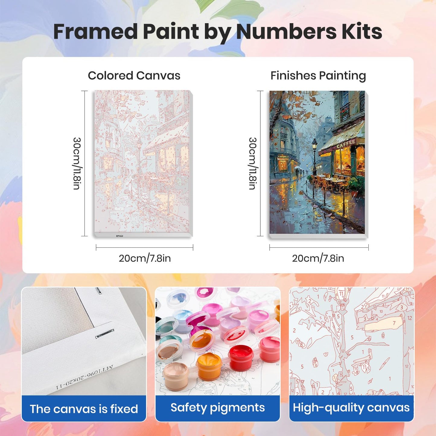 HEIBAGO 4 Pack Framed Paint by Numbers Kit for Adults Beginner, Adult Paint by Number Kits Street Cafe, DIY Paint by Numbers for Adults,Small Easy Acrylic Oil Painting for Wall Decor 8x12 Inch