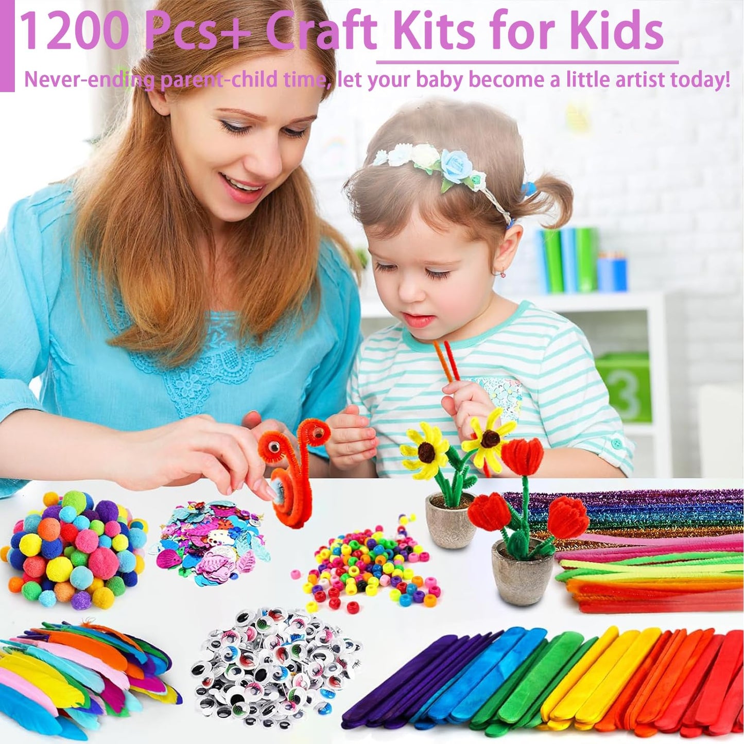 FUNZBO 1200pcs+ Craft Kits with Pipe Cleaners, Pom Poms for Crafts, Popsicle Sticks for Craft, Arts & Crafts Supplies for Kids Ages 4-8 Girls & Boys Birathday Gifts