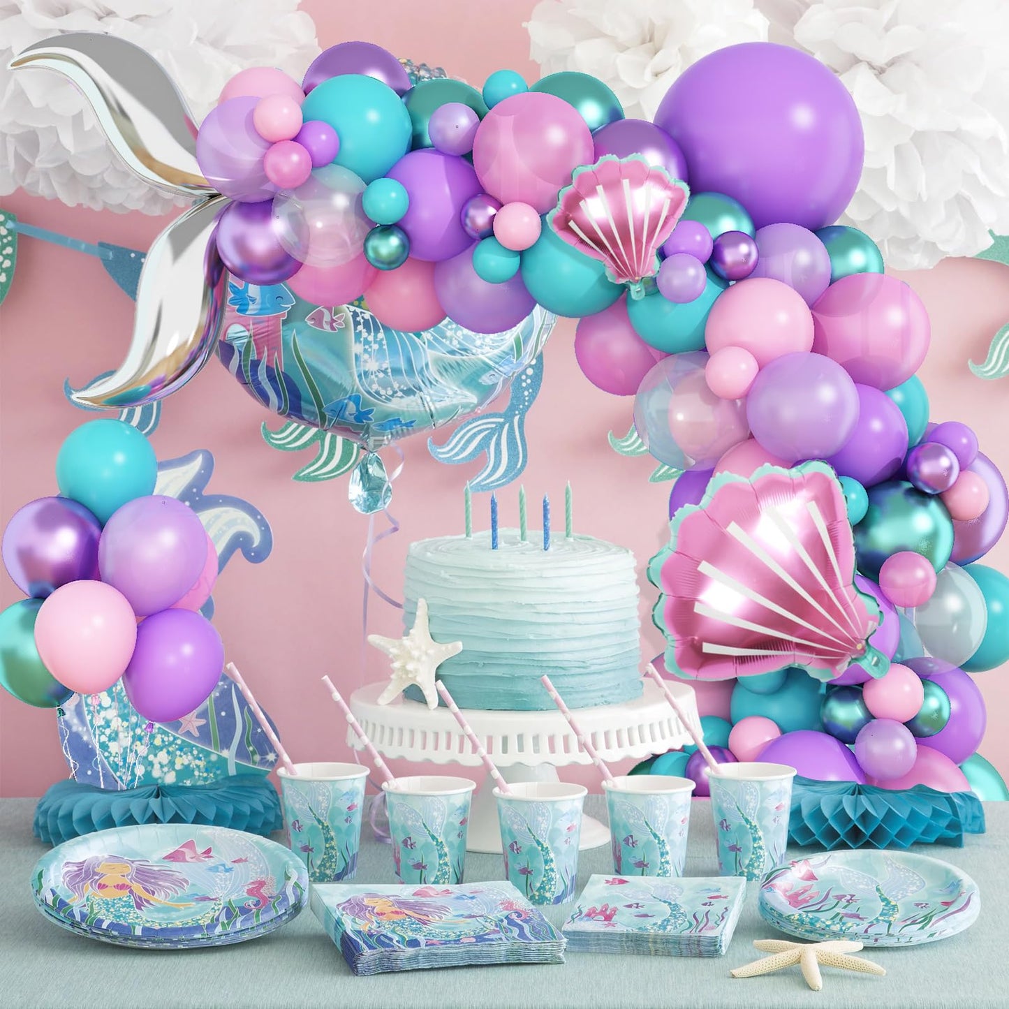 Mermaid Balloon Arch Garland Kit, Mermaid Tail Balloon Garland with Pastel Pink Purple Green Teal Metallic Latex Balloons for Girls Birthday Baby Shower, Under the Sea Shell Theme Party Decor Supplies