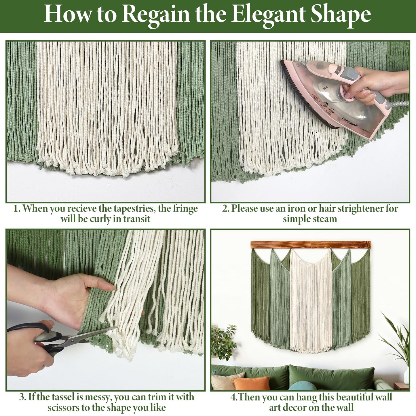 Dremisland Macrame Wall Hanging Dip-Dyed Large Boho Wall Decor Yarn Tapestry Handmade Sage Green Woven Tapestry Wall Art Decorations for Bedroom Living Room Nursery Apartment 31.5"x29.5"