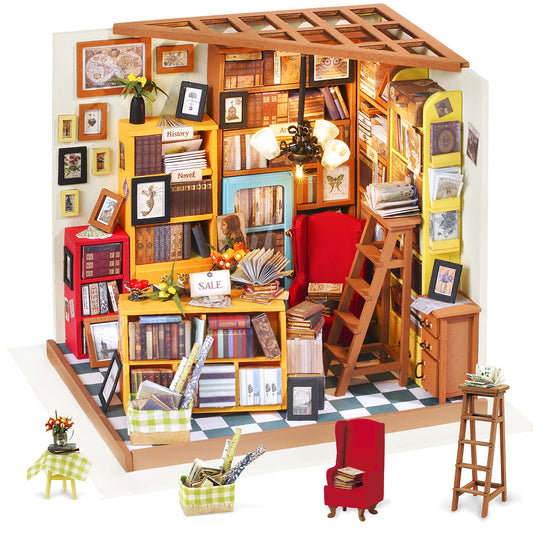 Rolife DIY Miniature Dollhouse Kit Bookstore Room Making Kit Mini Library Diorama Kit Wooden Model Building Set Hobby Christmas Birthday Gifts for Adults Women Family (Sam's Study)