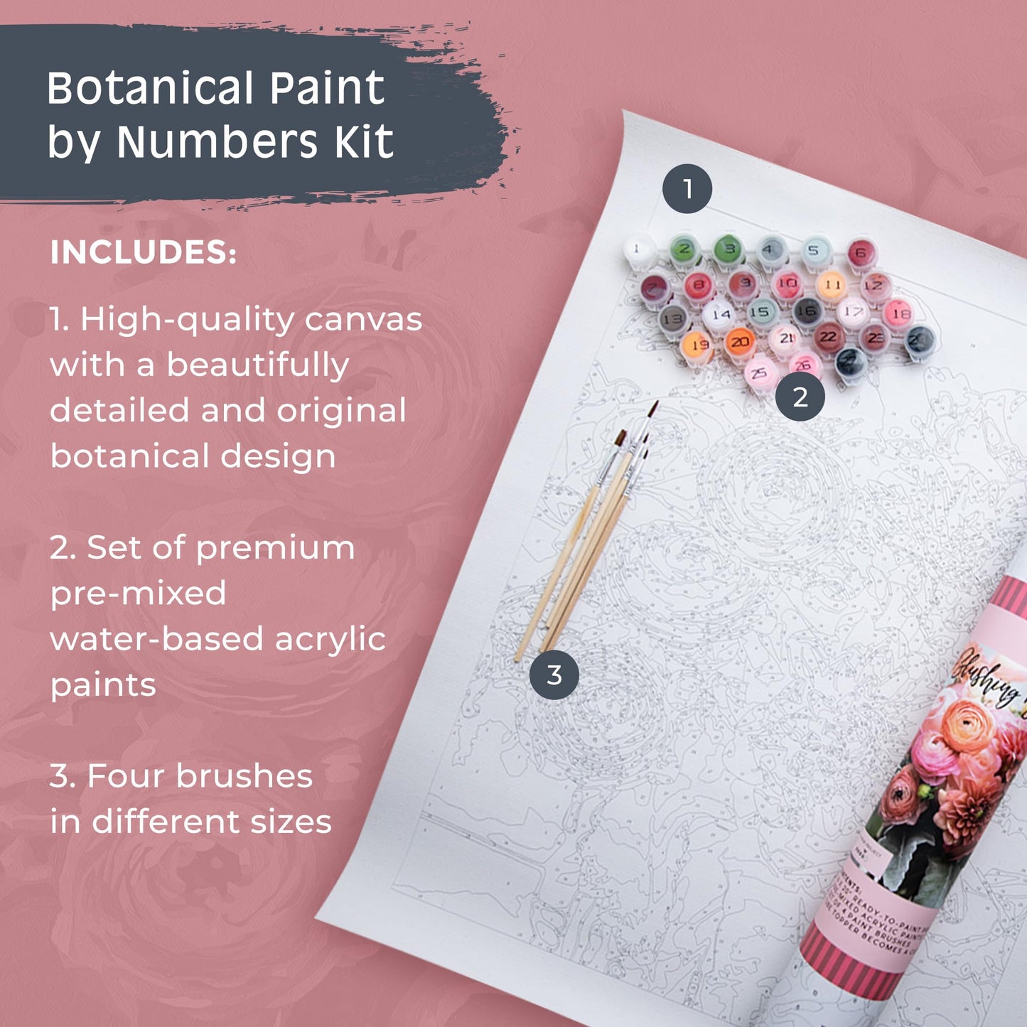 Pink Picasso Kits Blushing Blooms Paint by Numbers for Adults & Teens, Floral Botanical Art Set, 16x20 Canvas with Acrylic Colors & Brushes, Beginner DIY Gift Women