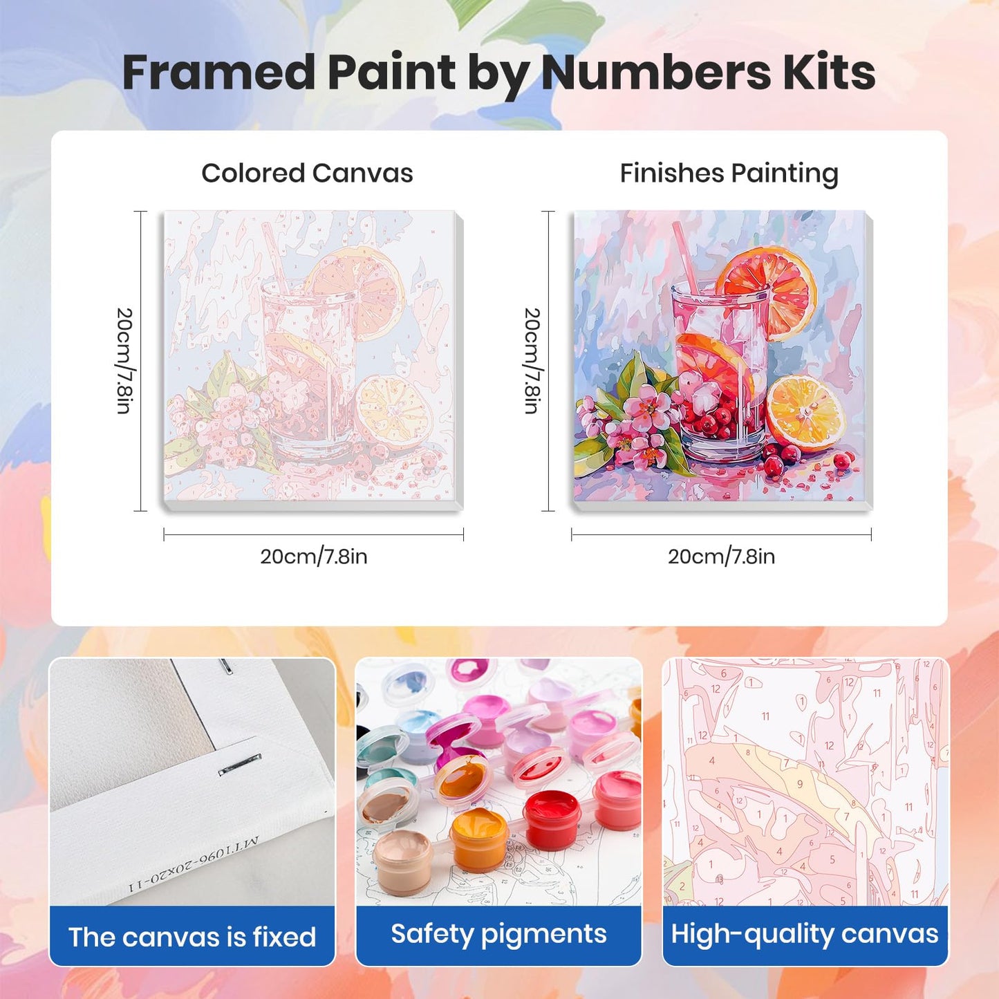 HEIBAGO 4 Pack Framed Paint by Numbers Kit for Adults Beginner, Adult Paint by Number Kits Cocktail, DIY Paint by Numbers for Adults,Small Easy Acrylic Oil Painting for Wall Decor 8 x 8 Inch