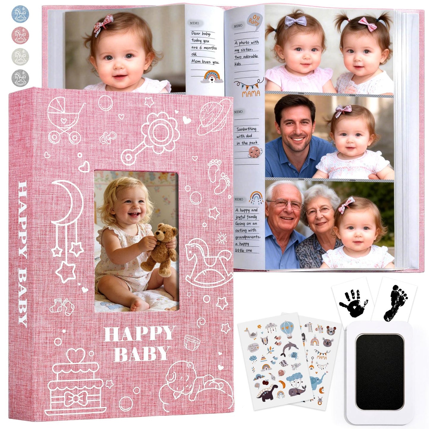 Yatosally Baby Photo Album 4x6 300 Pockets with Memo Area, Photo Stickers & Hand and Footprint Kit, Linen Cover Baby Memory Book with Front Window, First Year Keepsake for Newborn Boy Girl