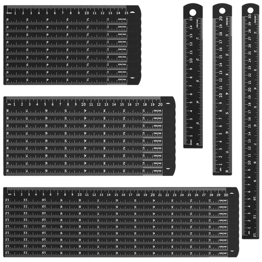 HAKZEON 30 Pack Metal Ruler Set 6/8/12 Inch with Conversion Table, Black Aluminum Alloy Rulers, Straight Edge Ruler Set for Office Engineering, Measuring and Drafting