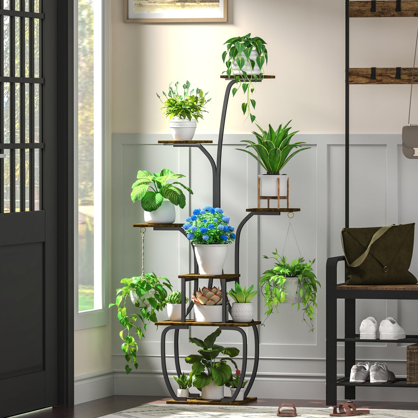 YIIHEERR Plant Stand Indoor with Grow Lights, 7 Tiered 55" Tall Plant Shelf, Heavy Duty Metal Corner Flower Pot Holder Rack, Multi-Tiered Display Organizer with Gardening Tools