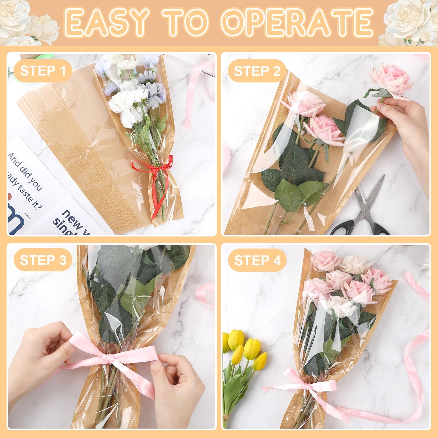 Jansun 100Pcs Flower Wrapping Bags Kraft Paper Flower Sleeves for Bouquets Flower Bags for Birthday Wedding Graduation Gift, Florist Wrap Supplies 9.8x17.9 Inch