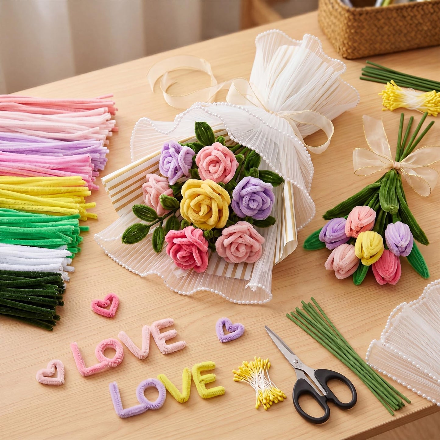Chicplaid 800 Pcs Pipe Cleaners Craft, Tulip Pipe Cleaners Flowers Kit, 8 Colors Chenille Stems with Floral Wires, Gardening Tape, Stamen, Floral Wrapping Paper & Ribbon for Wedding DIY Craft