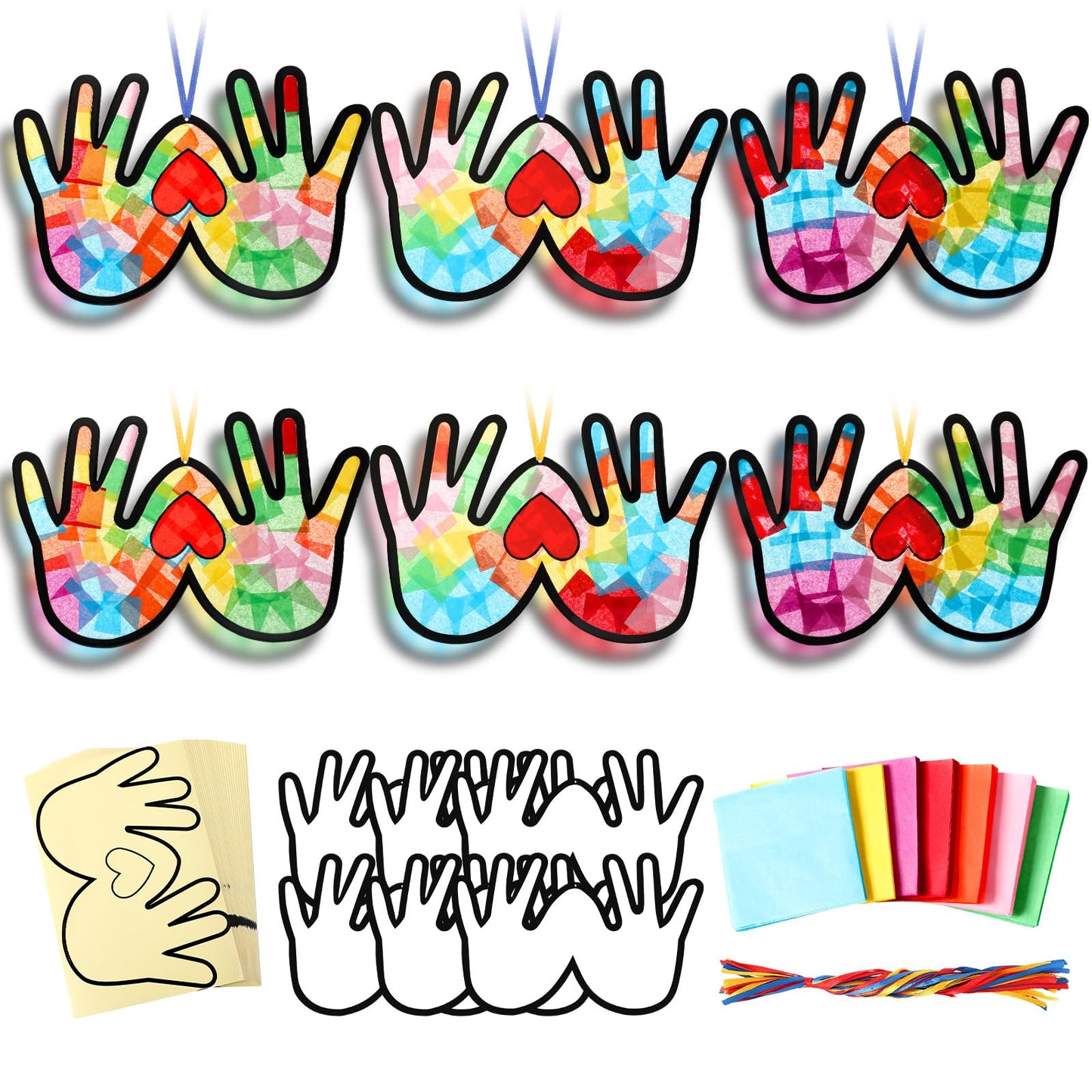 Yaomiao 30 Set Mother's Day Suncatcher Crafts, DIY Heart Handprint Stained Glass Style Gift Kit for Mother's Day Party Supplies, Family Activity, Suitable for Home, Window, Door Decorations