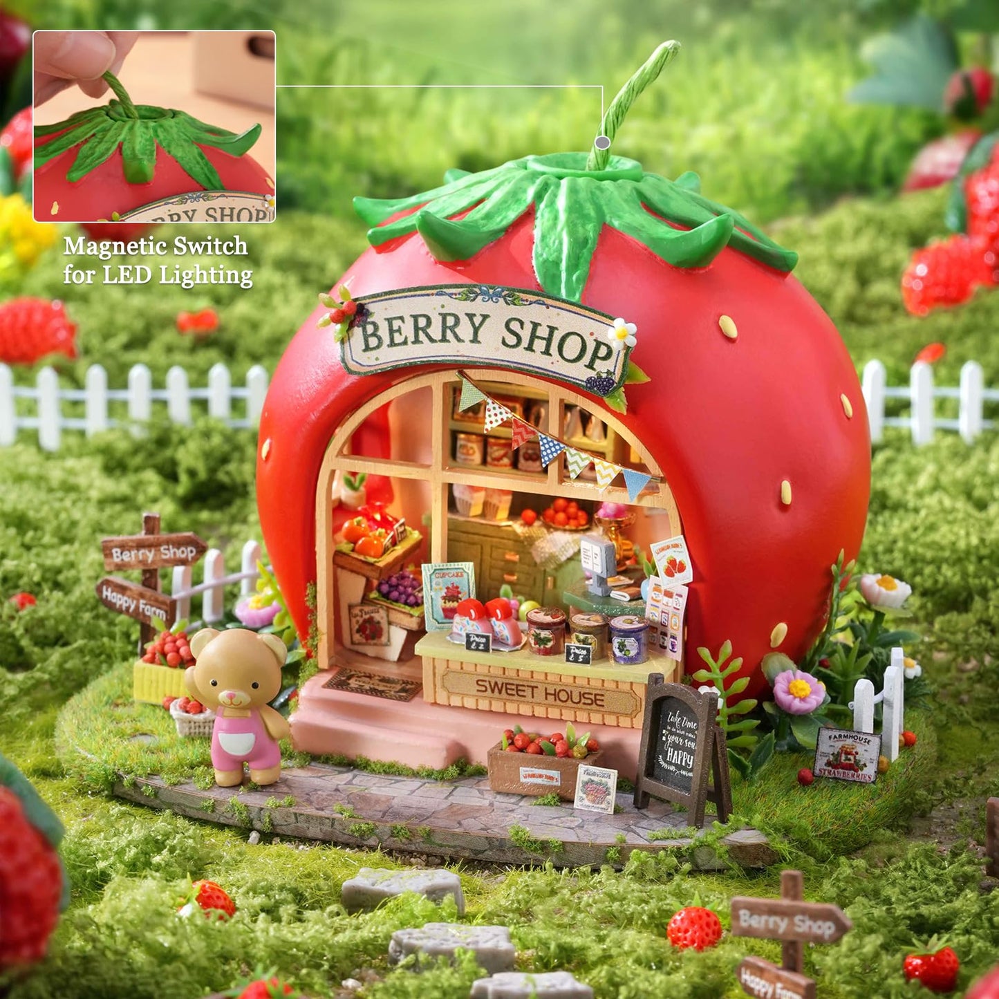 TuKIIE DIY Miniature House Kit with Furniture, 1:100 Scale Creative Room Mini Wooden Dollhouse Book Nook for Kids Teens Adults(Berry Shop)