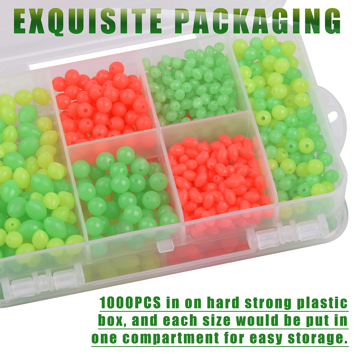 AGOOL Fishing Beads Assorted Set, 1000pcs Glow Beads Fishing Bait Eggs Soft Plastic Oval Round Luminous Beads Fishing Line Beads Fishing Lures Fishing Tackle Tool for Deep Drop Fishing Night Fishing