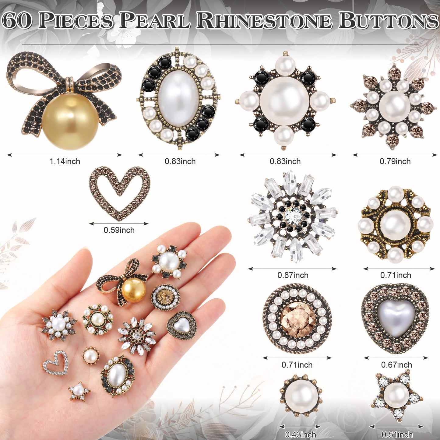 Liliaafar 60 Pcs Rhinestone Buttons Faux Pearl Embellishments for Clothing Jewelry Making DIY Decoration Buttons Charms for Sewing Crafts Wedding Bridal