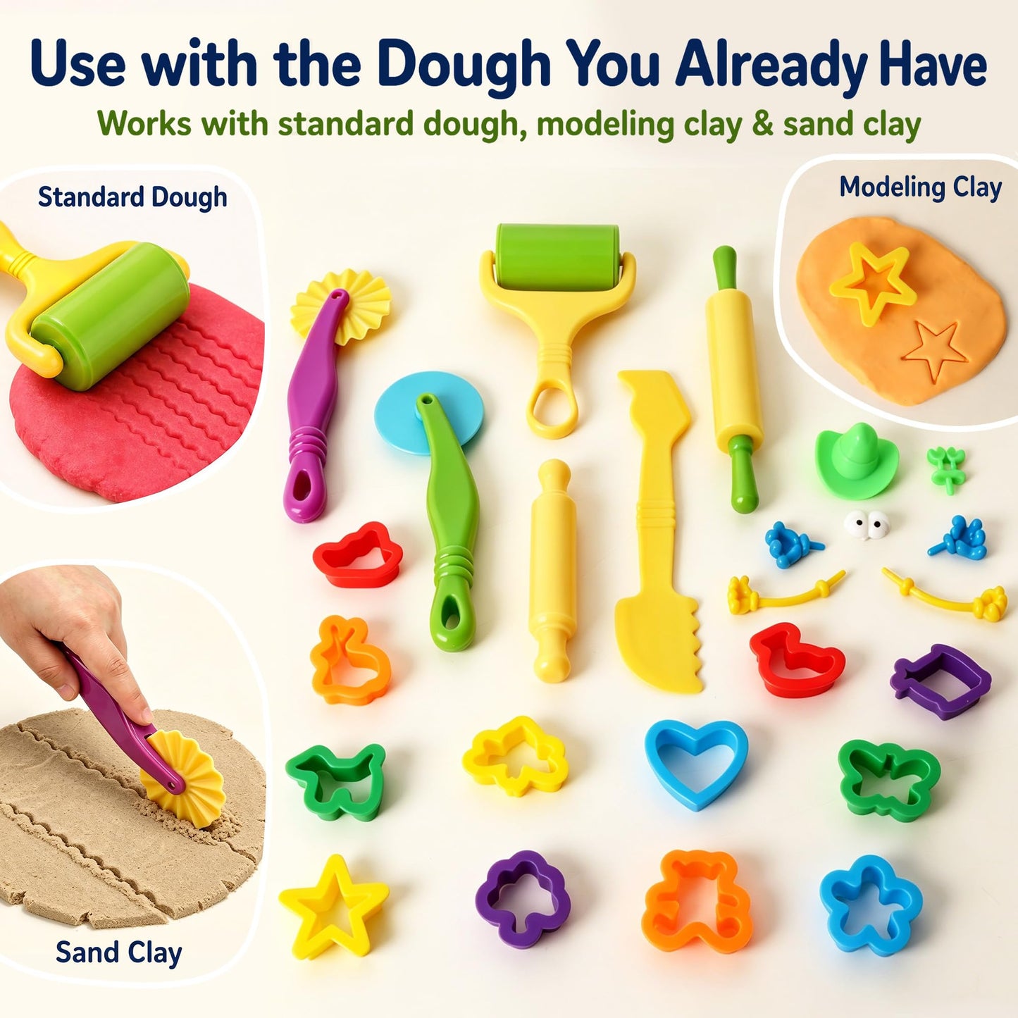 Dough Tools Set for Kids Ages 2-4, 25pc Creative Play Accessories with Molds and Cutters, Non-Toxic Modeling Clay Toys for Toddlers Sensory Activities