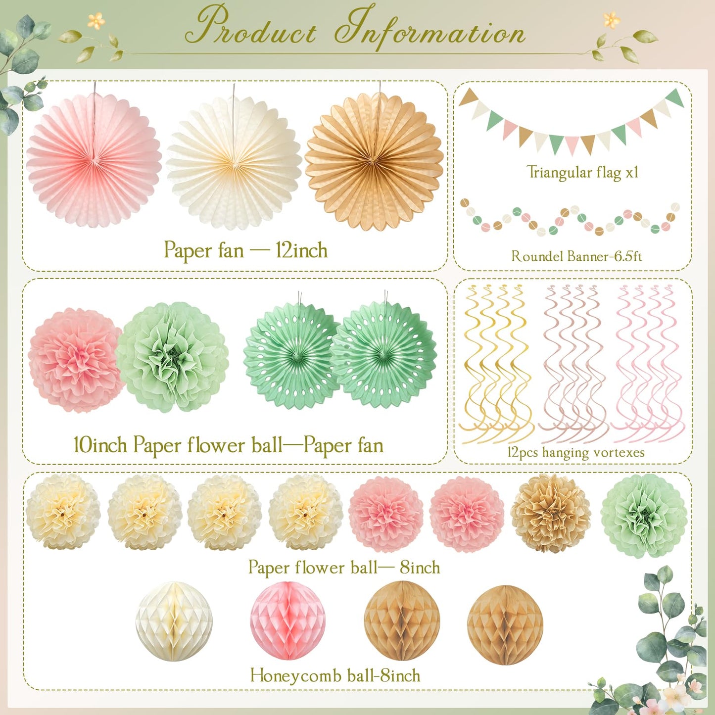 Ycitusi 33Pcs Boho Party Decorations | Sage Green & Peach Pink Photo Backdrop Set | Paper Fans, Tissue Pom Poms, Honeycomb Balls Garlands for Woodland Birthday, Neutral Baby Shower, Rustic Wedding