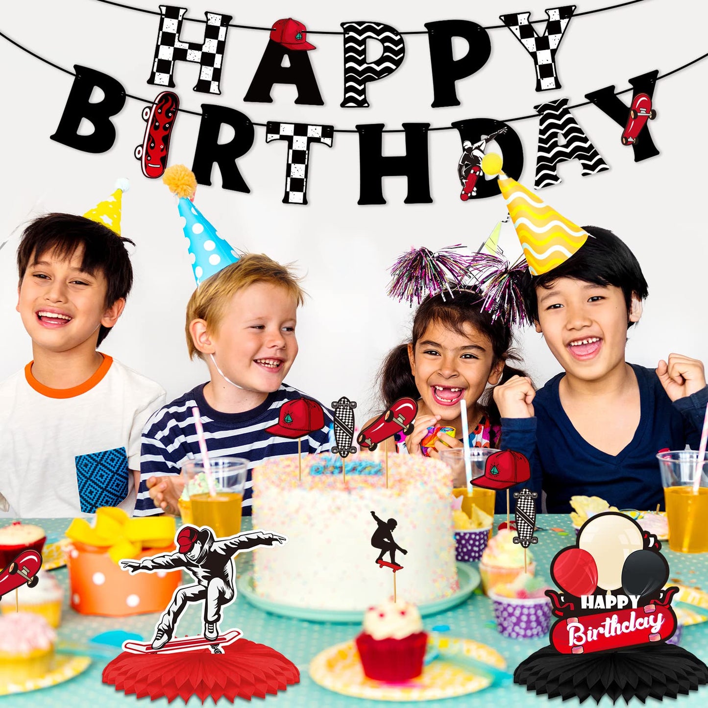 Outus 34 Pcs Skateboard Birthday Party Decorations Skater Party Supplies Skateboard Birthday Decorations Kit Banner Table Centerpieces Cupcake Topper Extreme Skateboarding Cool Decor for Skater Gifts