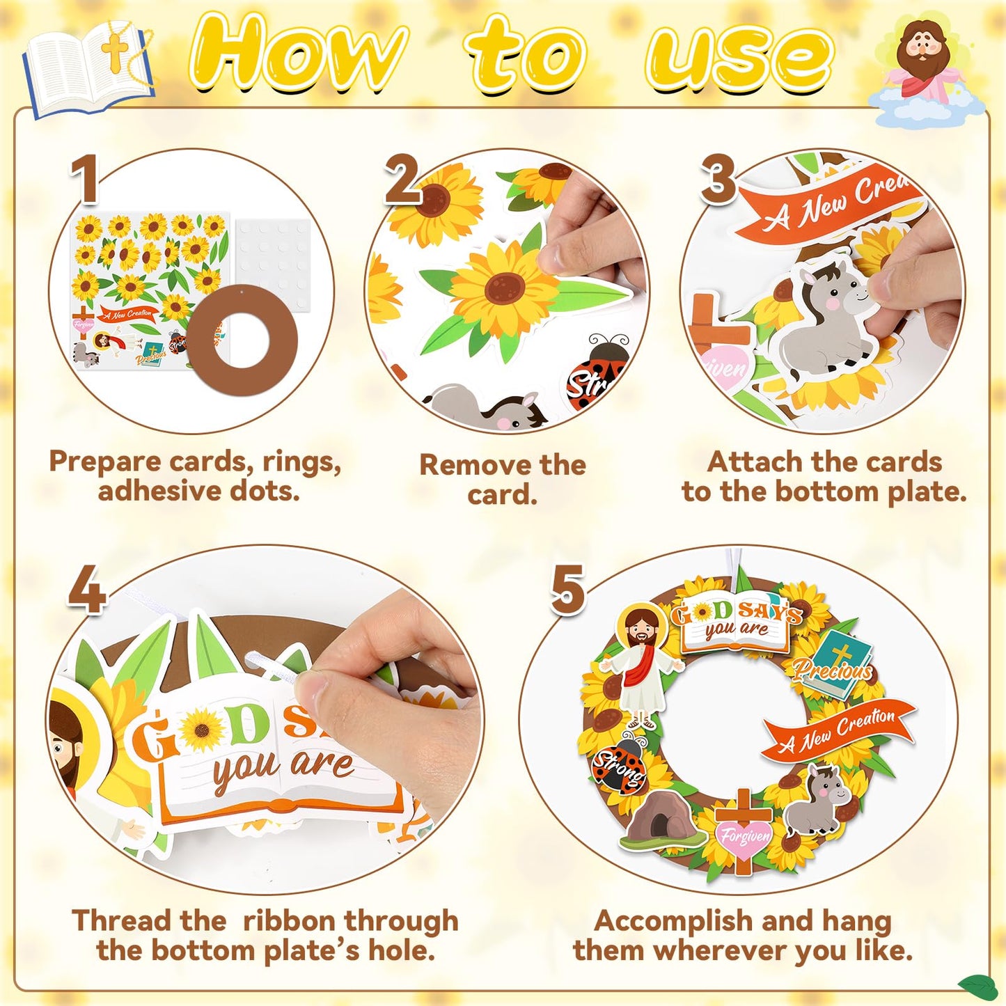 24 Sets Sunflower Religious Craft Kit Christian DIY Spring Wreath Crafts Kit with Jesus Bible Sunflowers Stickers Hanging Ornament for Spring Summer Sunday School Church Activities Home Decor
