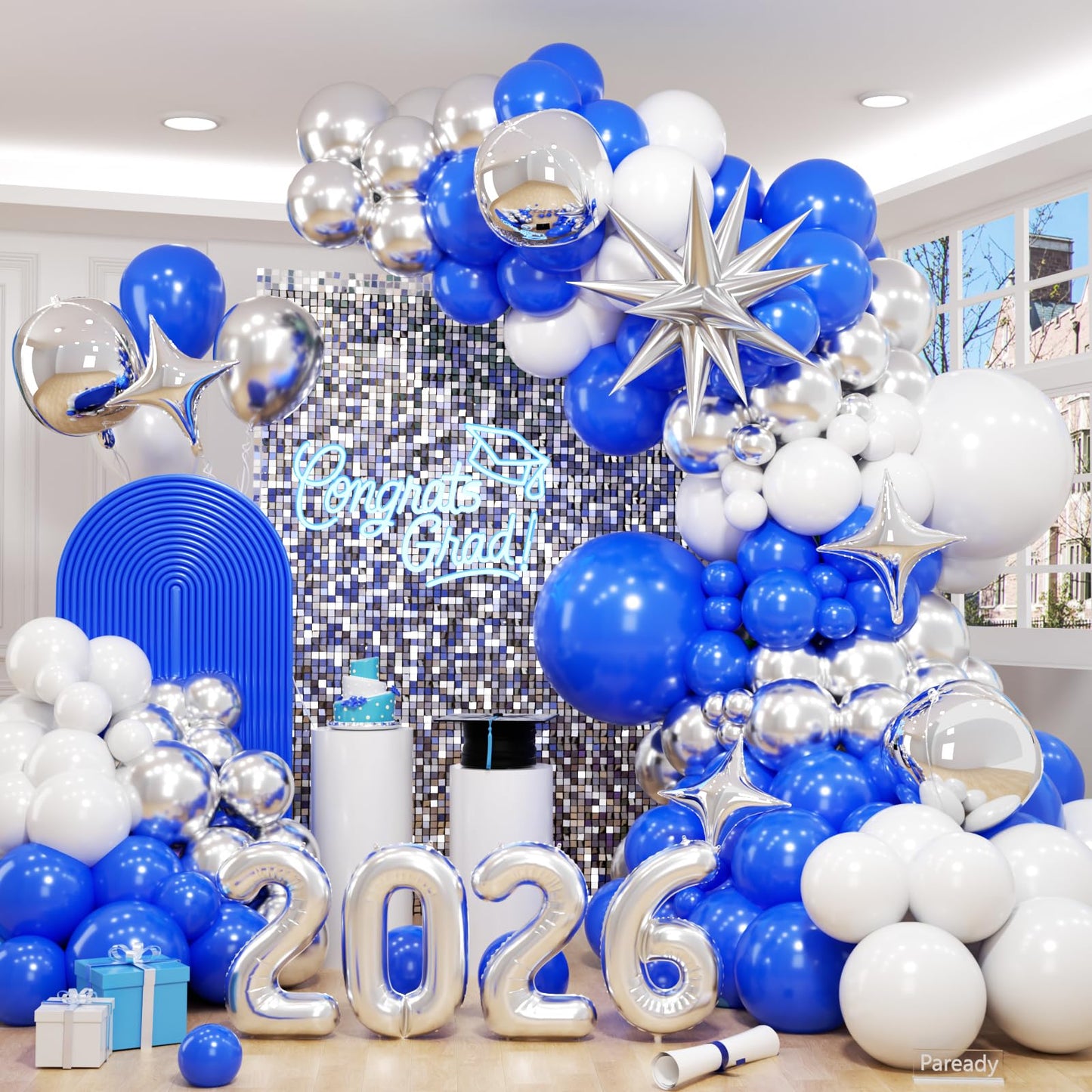 Blue Silver White Balloons Arch Kit, Blue White Balloon Arch with 4D Silver Star Graduation 2026 Foil Balloon Banner, Royal Metallic Balloons for Class of 2026 Graduation Decoration Birthday Party