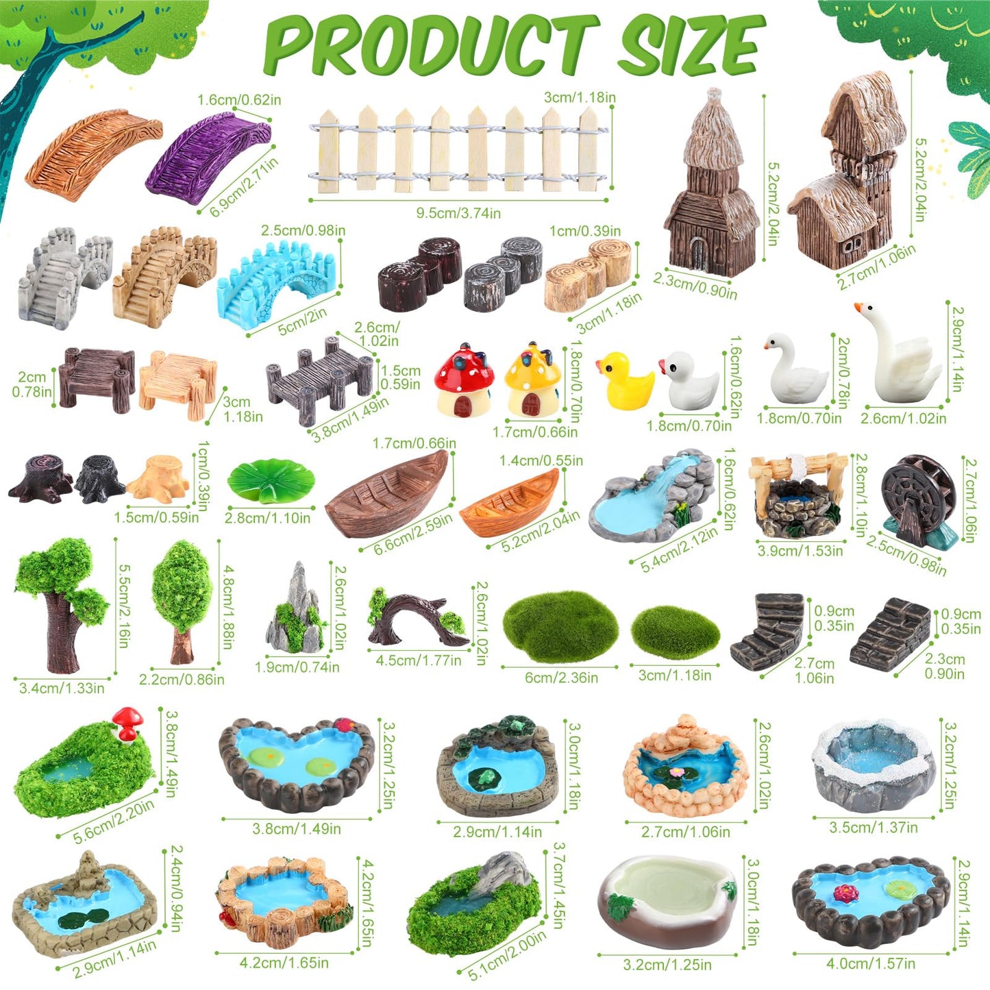 BrightRow 56 Pcs Fairy Garden Miniatures Accessories Bulk Miniature Nature Village Theme Fairy Garden Supplies for Outdoor Mini Bridge House Landscape Water Well Ornament for DIY Craft Succulent Decor