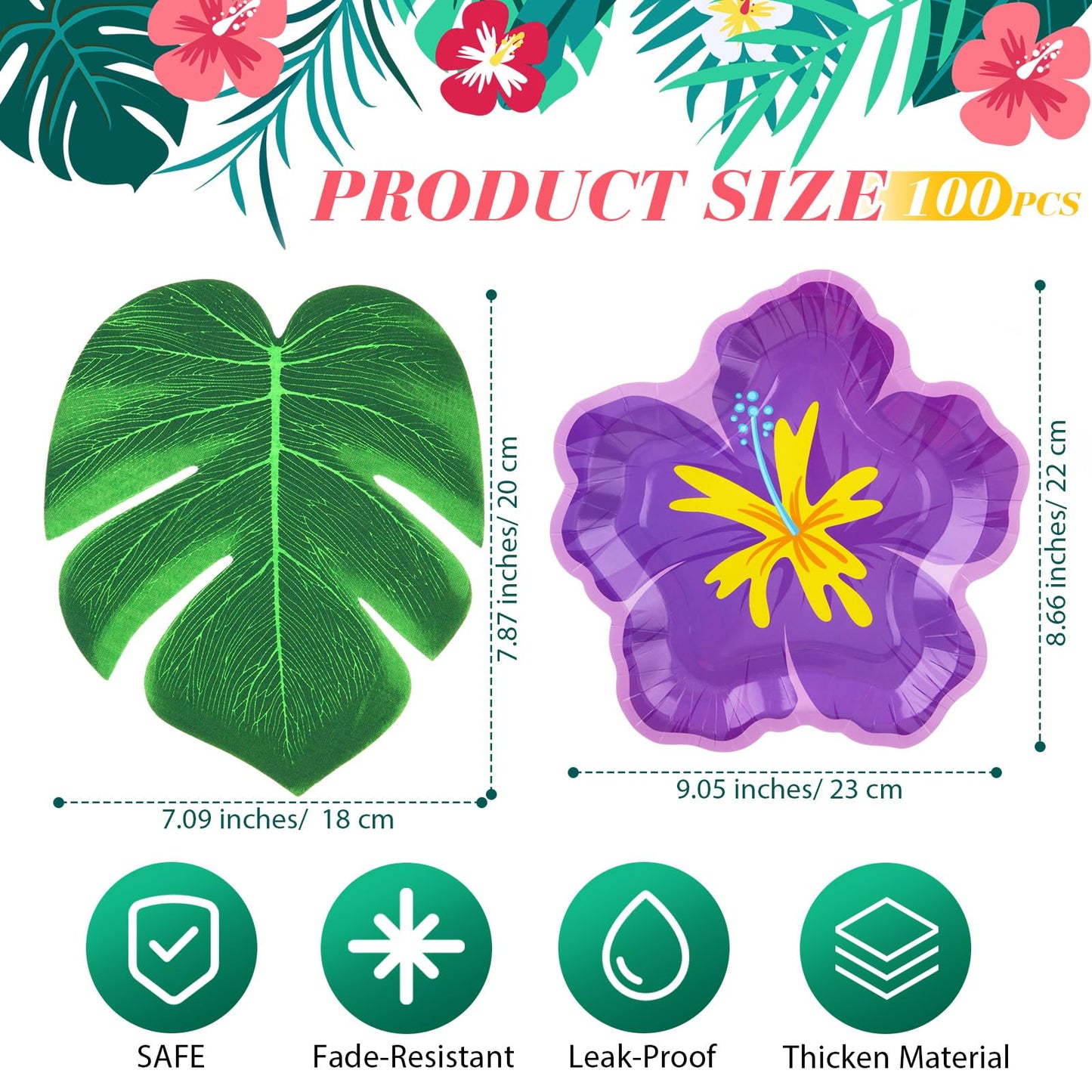 Motipuns 200 Pcs 9.05" Hibiscus Floral Paper Plates Bulk and Artificial Palm Leaves Luau Hibiscus Flowers Disposable Paper Plate Tropical Leaf Placemat Summer Hawaiian Safari Party Supplies Decoration