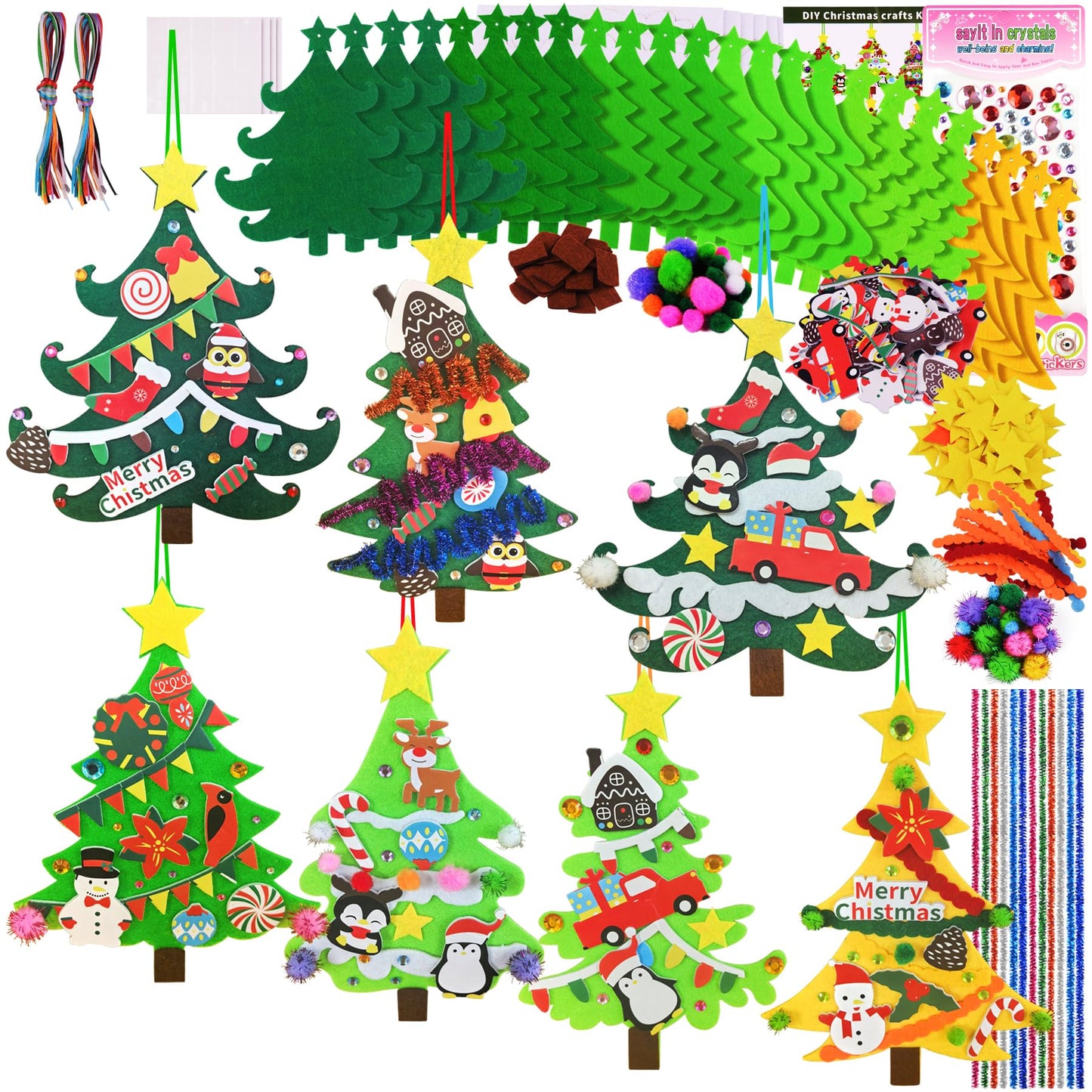 Ruicnte 24 Sets Christmas Tree Ornaments Crafts Kits for Kids,DIY Winter Christmas Craft Kit Pine Tree Snowman Snowflake Penguin Foam Xmas Sticker for Kid Holiday Classroom Activities Party Favors