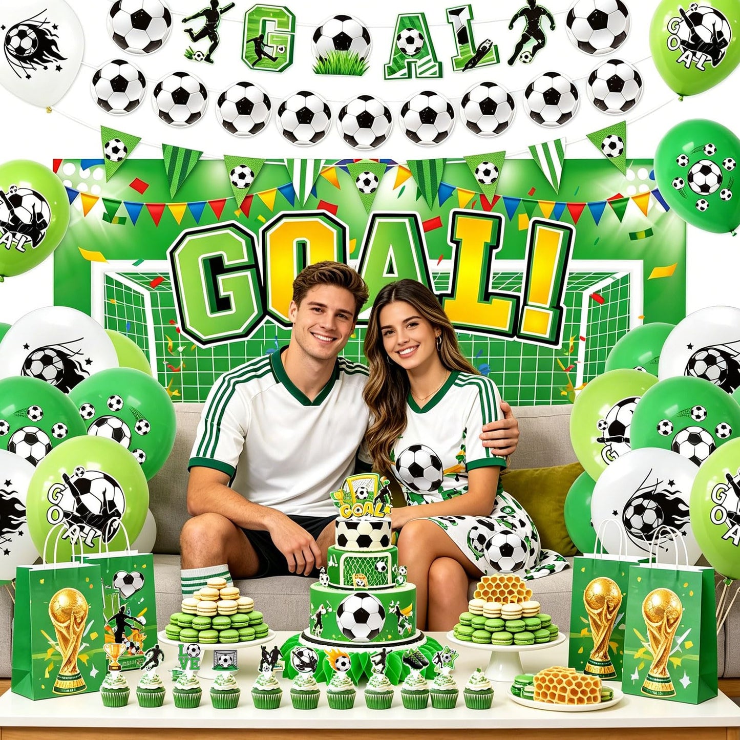 42 Pcs Soccer Party Decorations 2026- Football Watch Party Decorations Soccer Fan Celebration Kit with Backdrop, Banner, Balloons, Honeycomb Centerpieces & Cupcake Toppers for Global Soccer Event