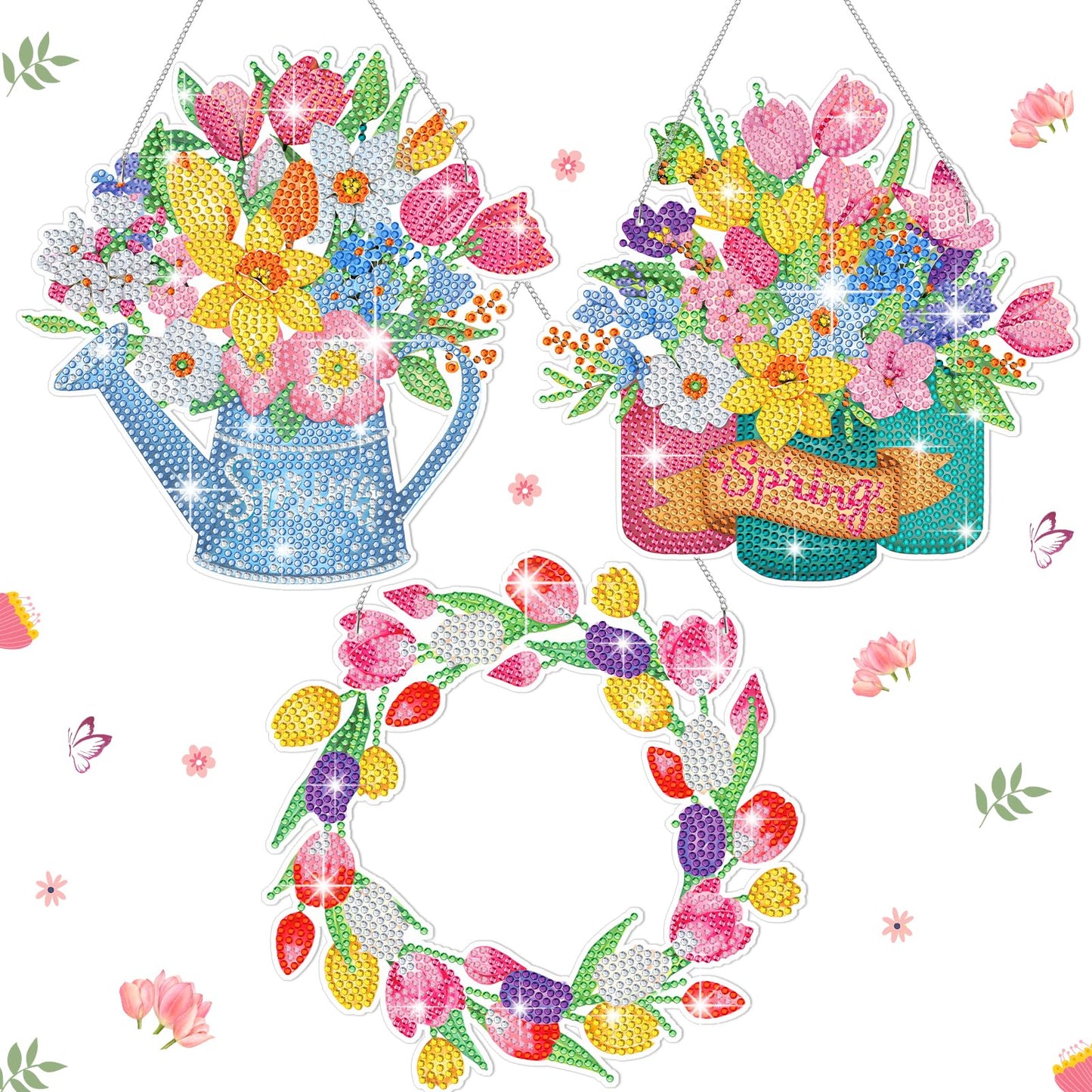 Menkxi 3 Pcs Spring Diamond Art Kits for Adults Spring Flowers Diamond Painting Kits 5d DIY Wreath Tulip Spray Bottle Crystal Painting Hanging Sign for Beginners Craft Supplies Door Wall Window Decor