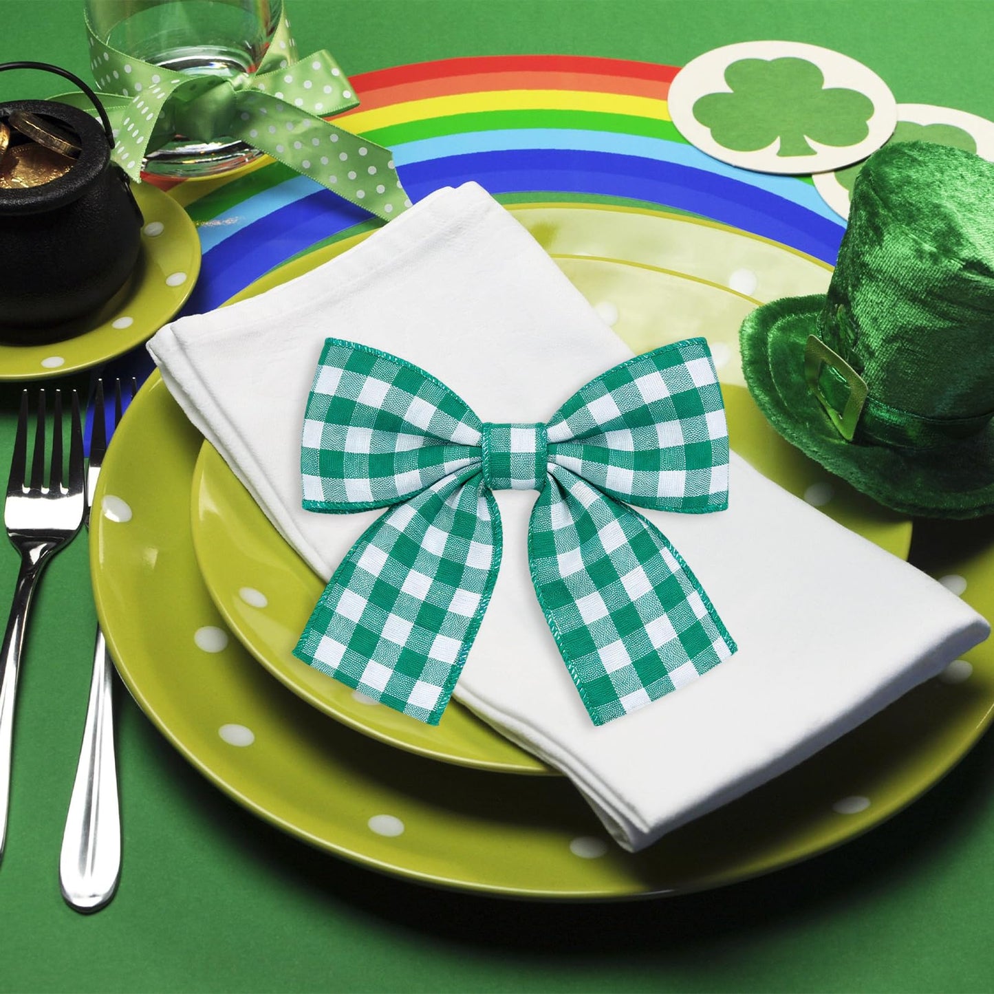 letsinstyle 2 Rolls 12 Yards Buffalo Plaid Wired Edge Ribbons, 2.5" Buffalo Check Wired Edge Ribbon, Green and White Checkered Burlap Ribbons for Wedding Party DIY Decoration Wreaths Bow