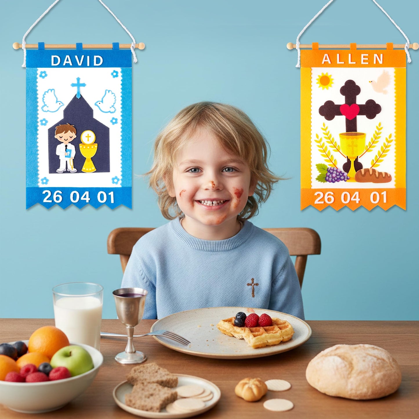 WATINC First Communion Banner Kit - 2 Pack DIY 1st Holy Communion Felt Banner Craft Decoration for Boys, Make Your Own Blue Baptism Christian Cross Hanging Decor for Sunday School (Baptism Ceremony)