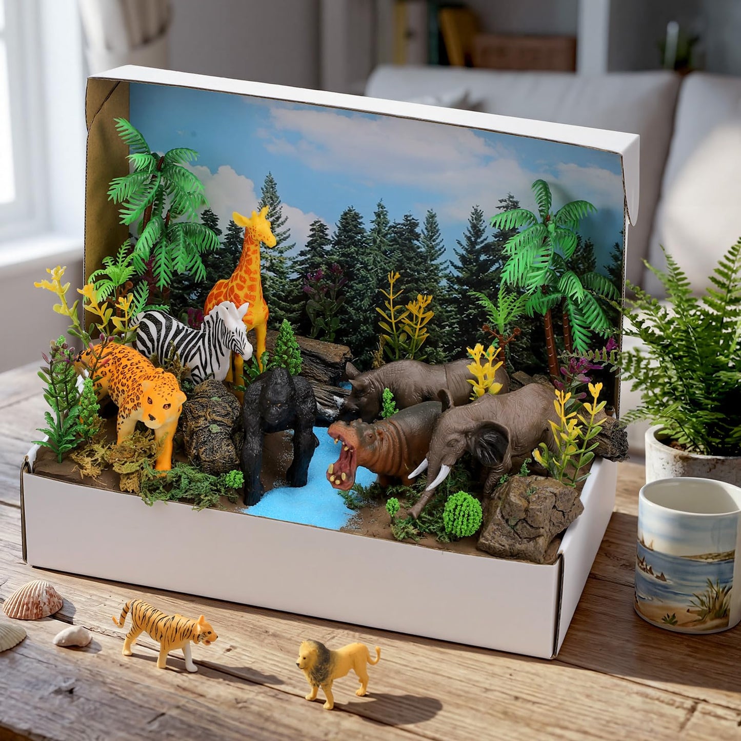 Teyva Daily 48 Pcs Jungle Diorama Kit Habitat Project Box Set Jungles Grassland Diorama Supplies Include Woodland Animal Figures Artificial Trees Fake Rocks with Gift for DIY Crafts Birthday Gifts