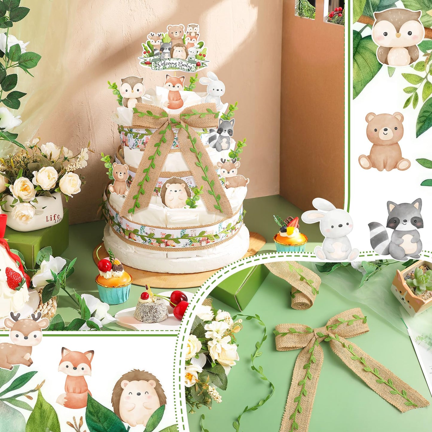 MotiMind Woodland Baby Shower Decorations DIY Diaper Cake Kit with Neutral Forest Animal Burlap Sage Green Leaf Ribbon Leaves Welcome Baby Gender Reveal Party Decor Mommy Gift(Card)