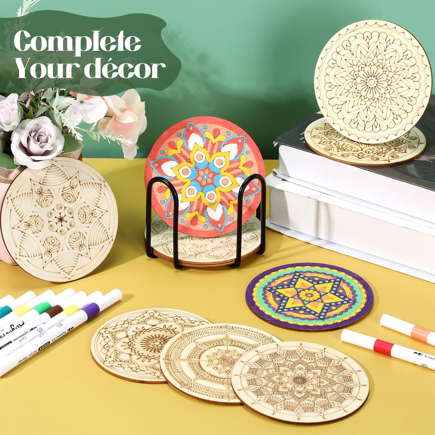 Reallnaive 45 Pcs Mandala Wooden Coasters Painting Kit, 4 Inch Paint Your Own Boho Coasters with Markers, Mothers Day Arts and Crafts for Adults Women Seniors Elderly Crafters Gifts