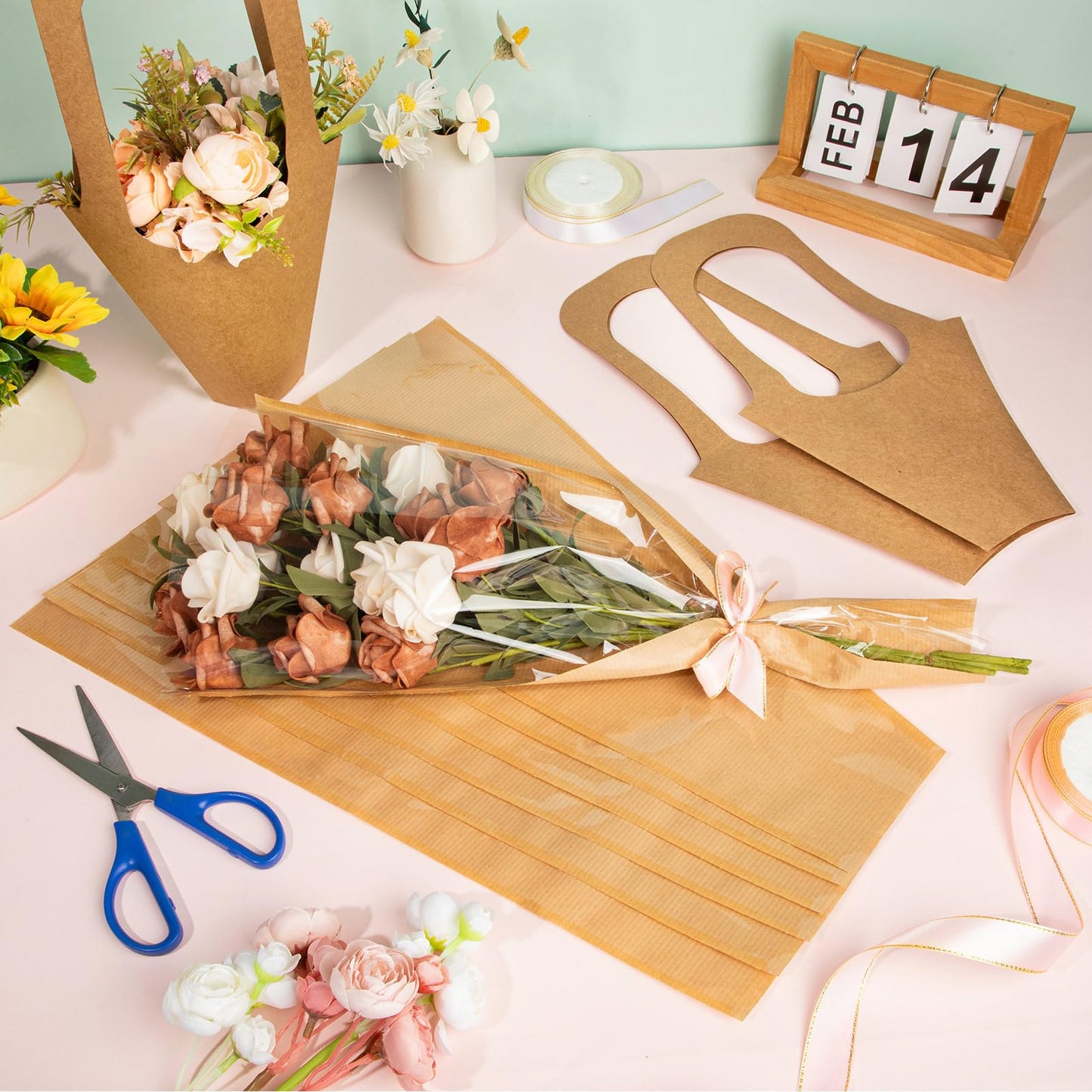 GCTWFYK 54 Pcs Flower Bags for Bouquets, Flower Wrapping Paper Bouquet, Clear Kraft Paper Floral Packing Sleeves for Bridal Shower Wedding Birthday Graduation Anniversary Supplies Mother's Day Gift