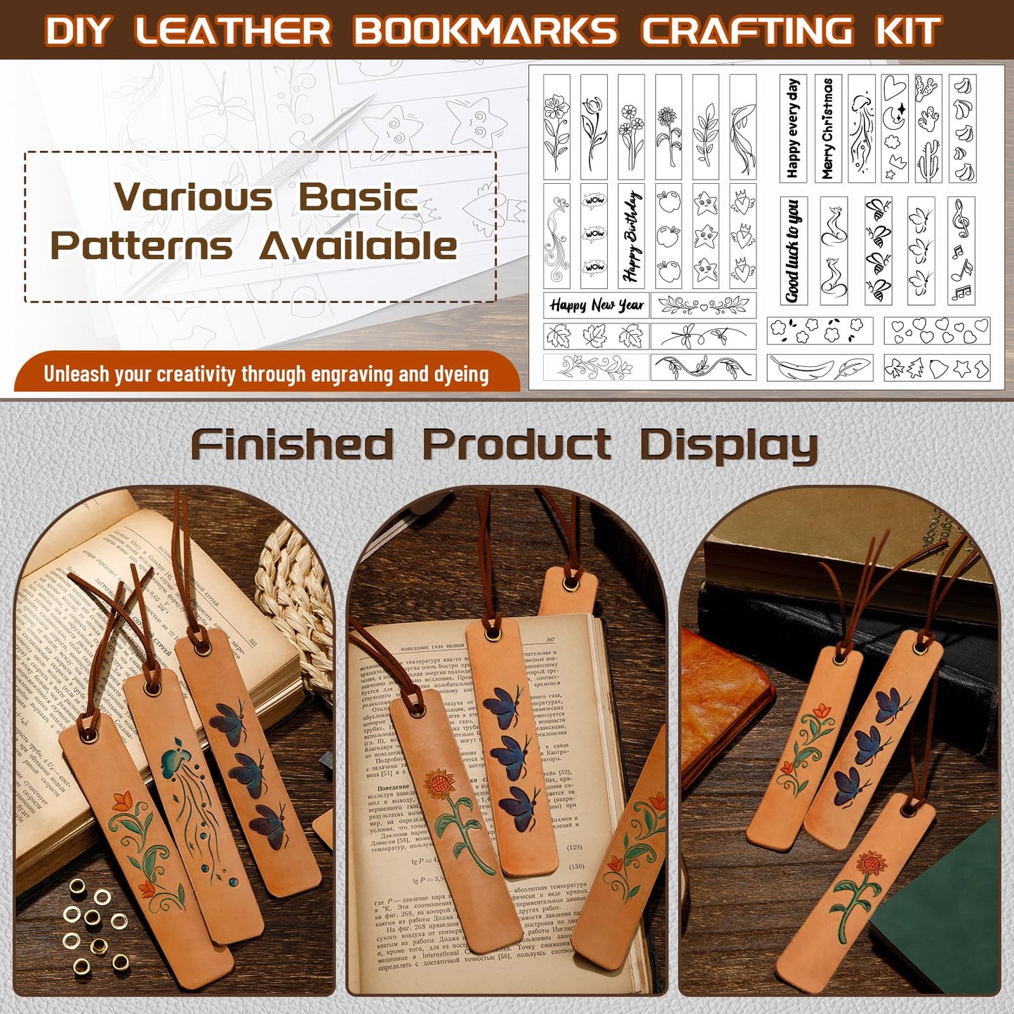 Leather Crafting Kit, Leather Working Kit for Bookmark, Leatherbookmarks Making Kits with Dyeing Carving Working Tools Supplies for Book Mark, Bookmarks for Book Lovers, Adults DIY Crafts Making