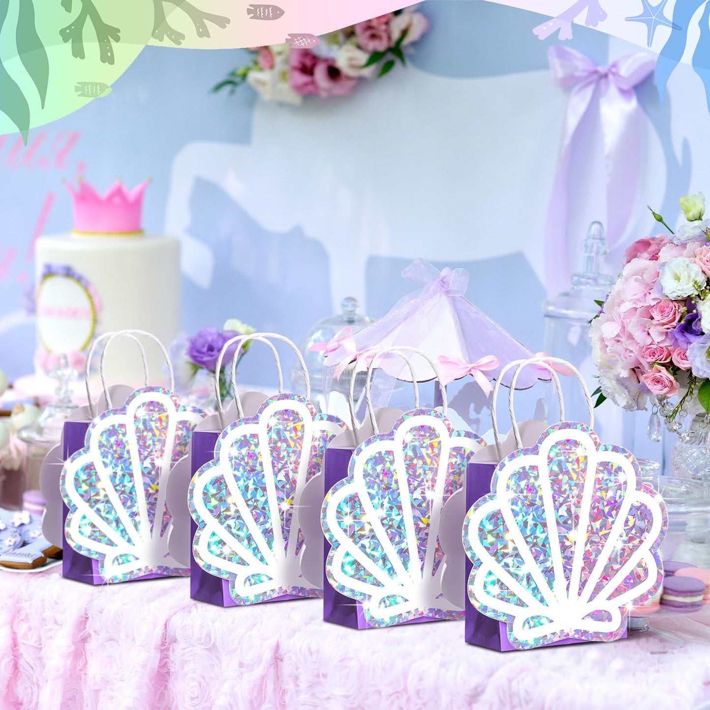 Locmeo 24 Pack Sea Shell Gift Bags Mermaid Goodie Bags Party Favor Iridescent with Handle for Under The Sea Party Summer Ocean Beach Birthday Wedding Shower Celebration Supply Decoration (Holographic)