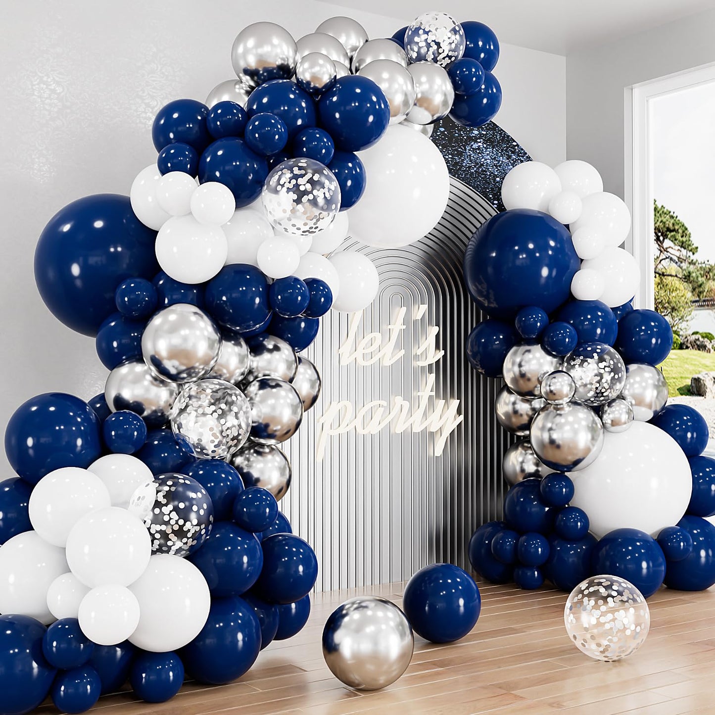 Navy Blue and Silver Balloons Garland Arch Kit,134 Pcs Graduation Balloons, White Navy Blue and Silver Balloons with Confetti Latex Balloons for Graduation, Birthday Baby Shower Wedding Decorations