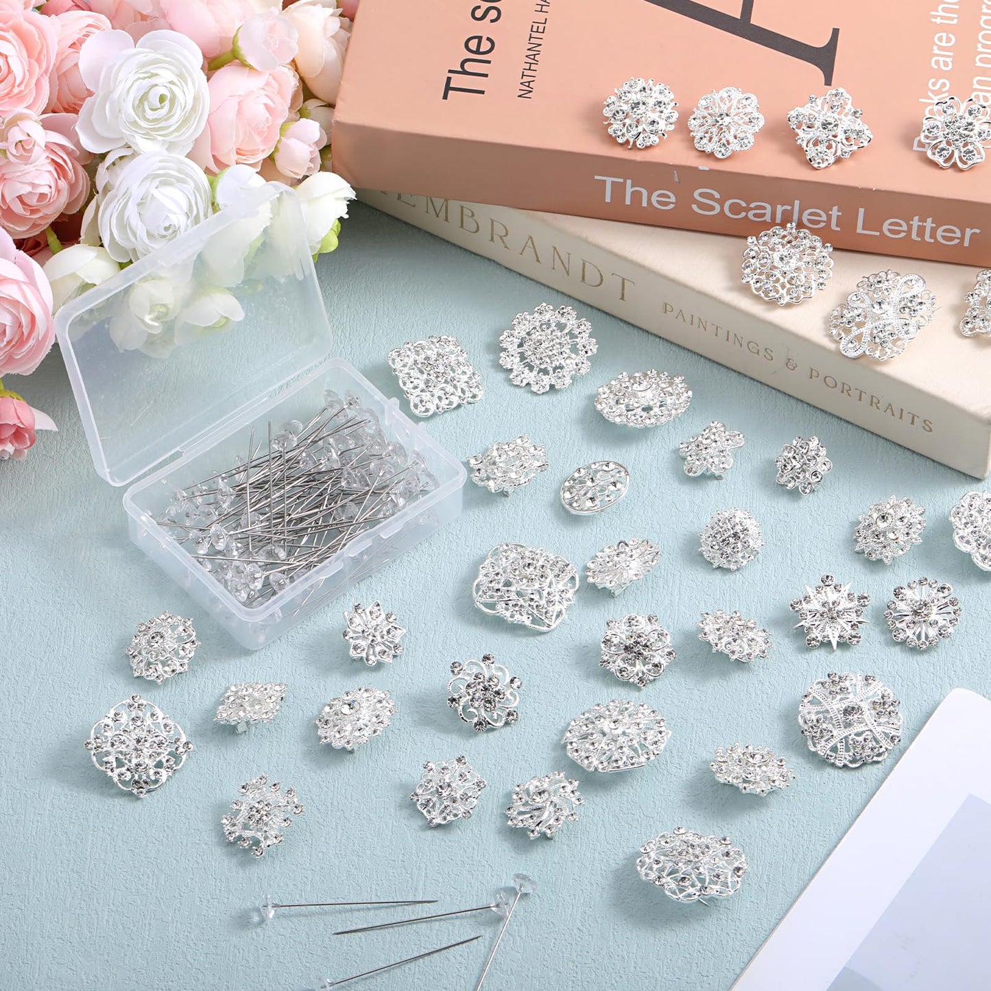 AOZUO 136 Pcs Clear Crystal Brooches for Women, Crystal Flower Brooch Pins with Rhinestones Bulk Brooches Jewelry Rhinestone Embellishments for DIY Jewelry Crafting Sewing Wedding Hair Decoration