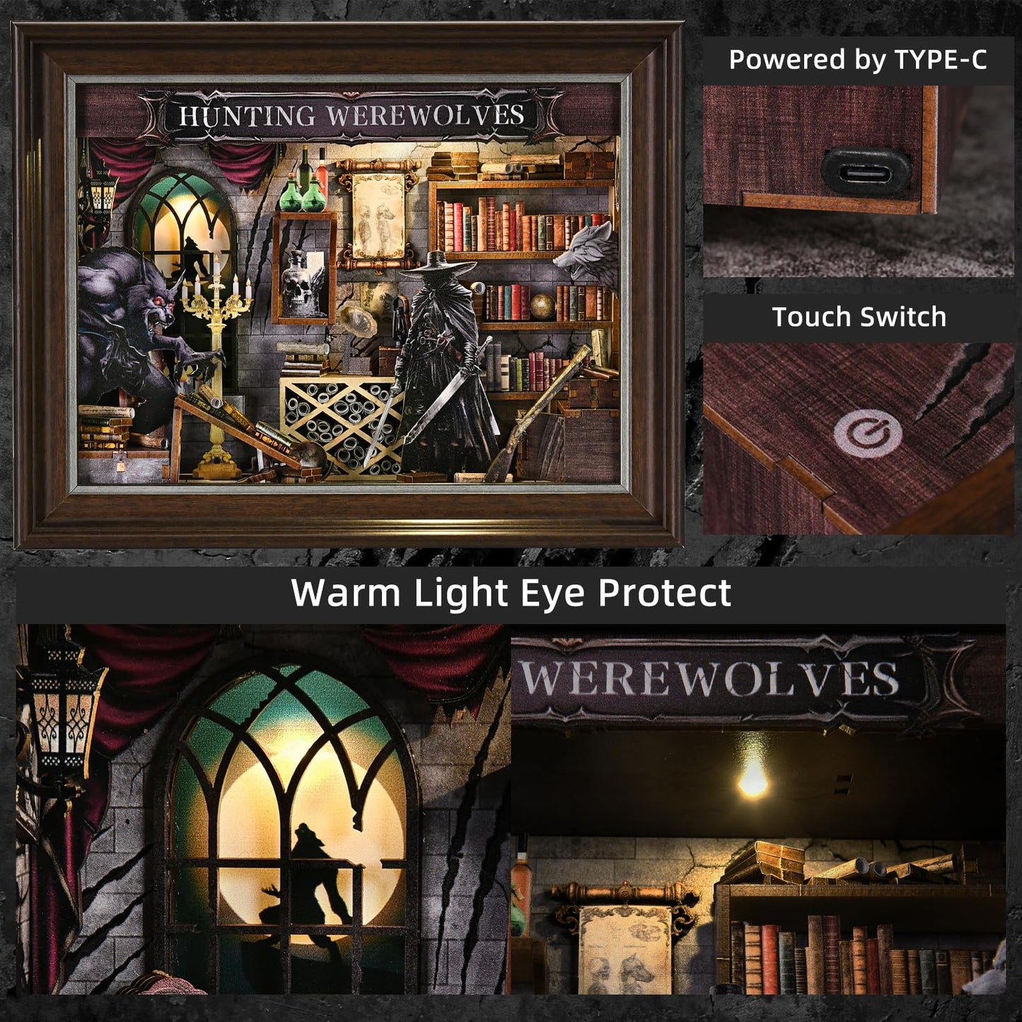 ETKVR Book Nook Kit, Picture Frame Booknook, Wall Mounted Miniature Dollhouse Kit, DIY 3D Wooden Puzzle for Home Bookshelf Decoration - Witcher Hunting Werewolves