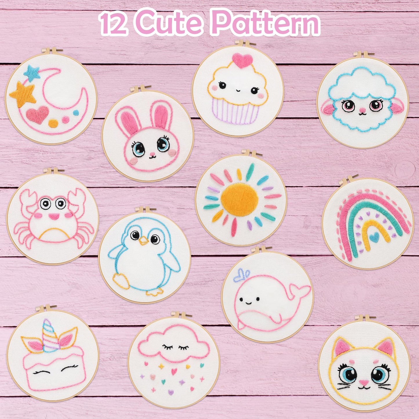 Louise Maelys Embroidery Kit for Beginners, 12 Packs Pre-Printed DIY Sewing Craft Kit,Kids Girls Cross Stitch Kit with Hoop, Threads, Needles and Scissors, Cute Animal & Cartoon Patterns