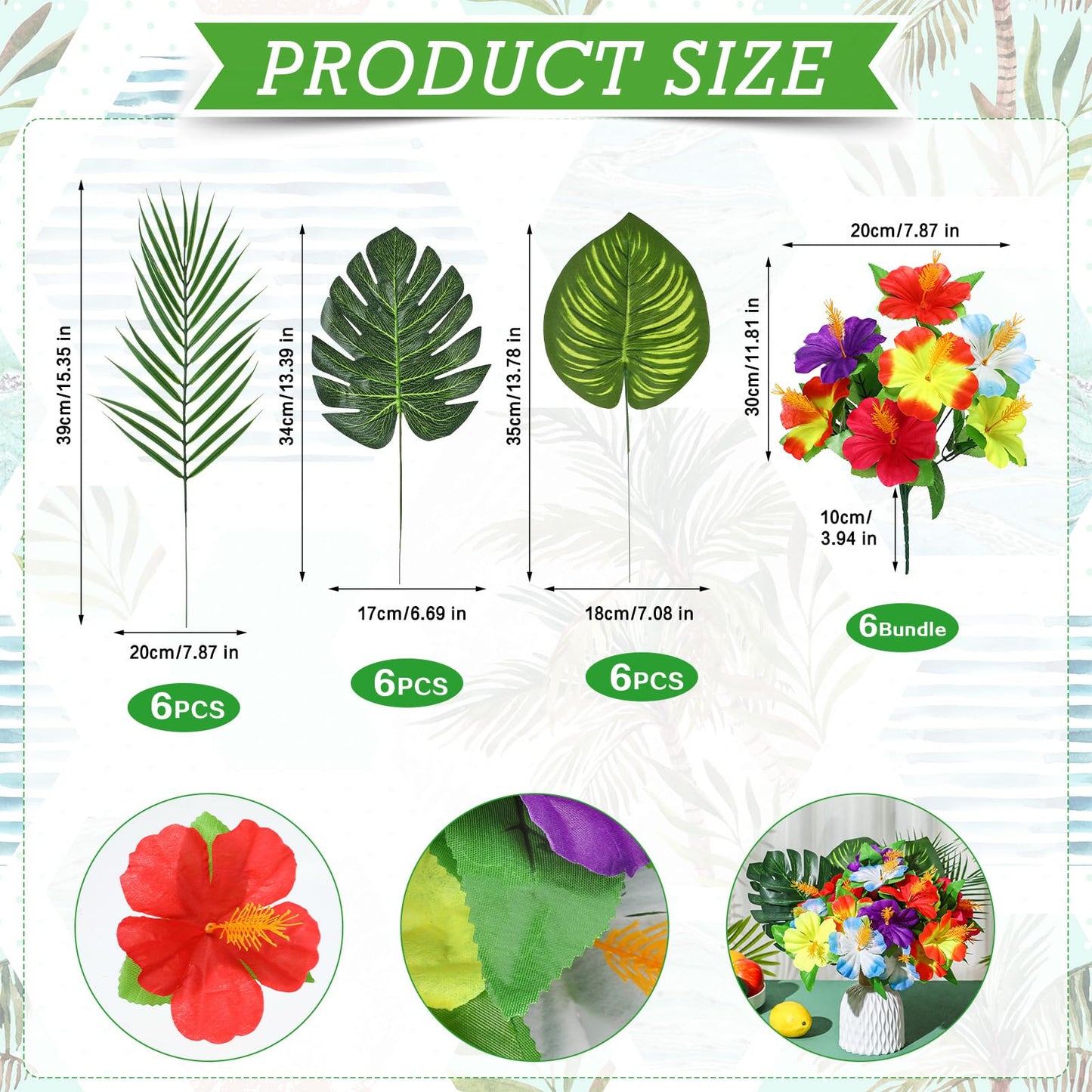 Hotop 24 Pcs Hawaiian Flower Centerpieces for Tables Artificial Palm Leaves Fake Hibiscus Flowers Tropical Party Decorations Supplies for Luau Safari Jungle Beach BBQ Theme Party Birthday Table Decor