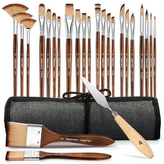 Zimuvora 25pcs Paint Brush Set, Professional Paint Brush Set with Cloth Roll and Paint Spatula, Nylon Brushes for Acrylic Painting,Watercolor,Oil,Gouache, Art Supplies for Beginners and Artists (Wood)