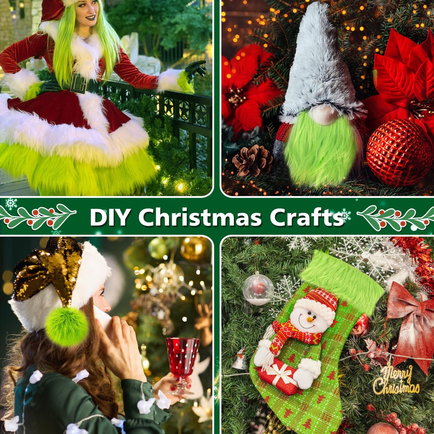 6 Pcs Green Faux Fur Fabric- 10"×10" Shaggy Fur Square Patches, Fluffy Warm Plush Fur Cuts for DIY Crafts Sewing Costume Rugs Pillows Cushion Pad Chair Cover Christmas Gnomes Decors