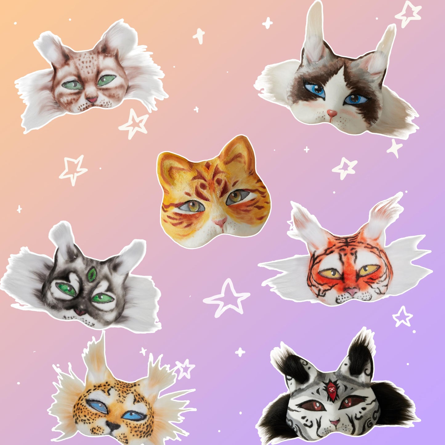 KemonoX Therian Cat Mask Kit with Star Eyes - White Fleeced Cat Mask Base with Faux Fur, Eye Mesh and Cat Like Fuzzy Fabric - Felted for You, Skip the Messy Work