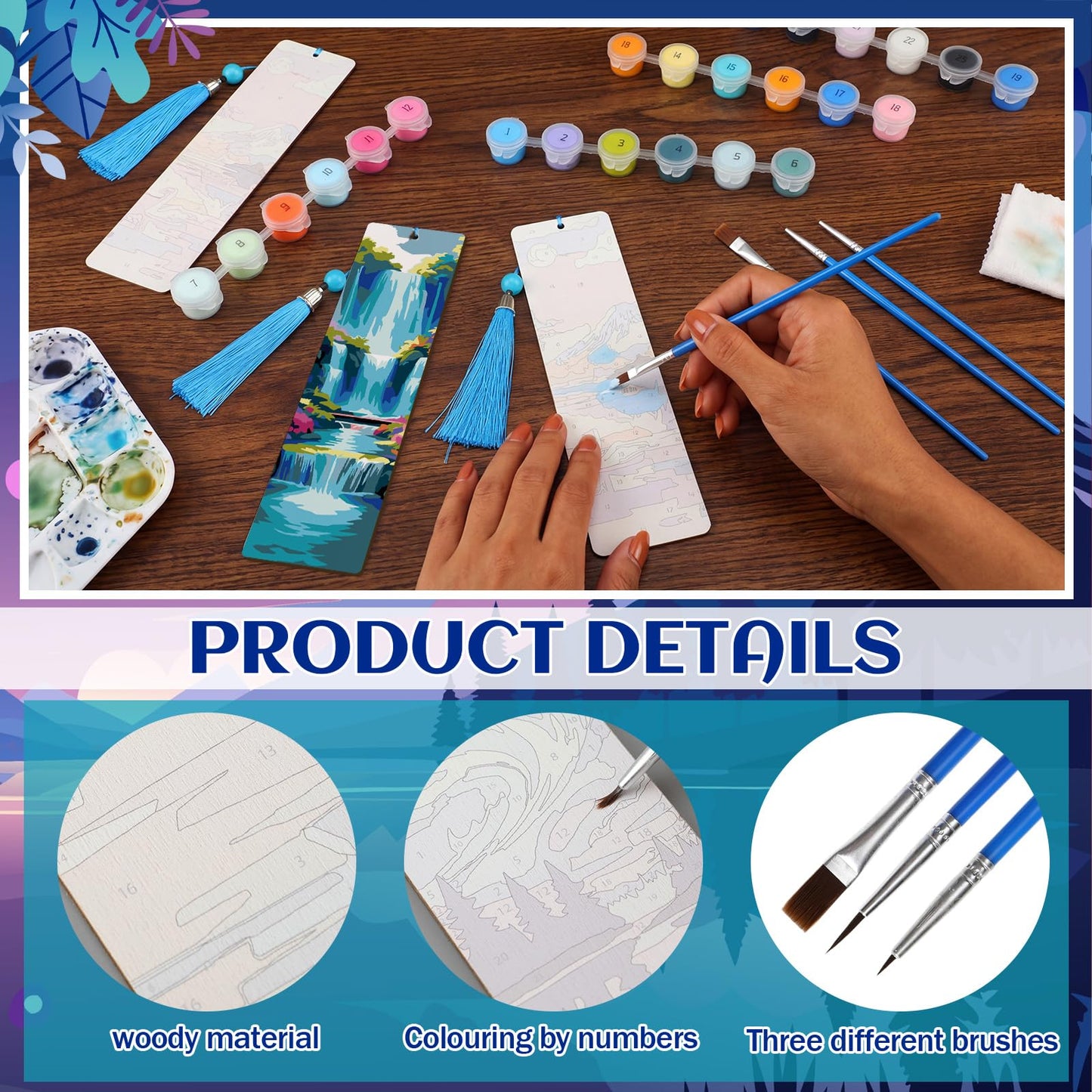 Kosiz 12 Pcs Night Landscape Paint by Numbers Kit for Adults Wood Bookmark Painting Decor Mini Paint by Numbers Kit Tassels Blank Bookmarks Craft for Small DIY Book Lovers Gift 7x2 ''