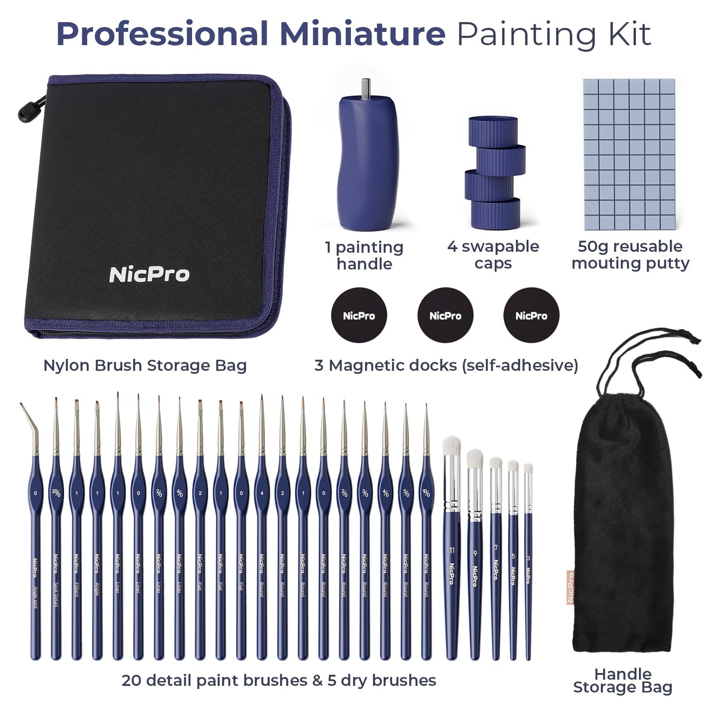 Nicpro Professional Miniature Painting Kit - 25PCS Miniature Paint Brushes Drybrush with Magnetic Painting Handle, Model Paint Brushes for Miniatures, Model, Craft, Acrylic Painting, with Nylon Bag
