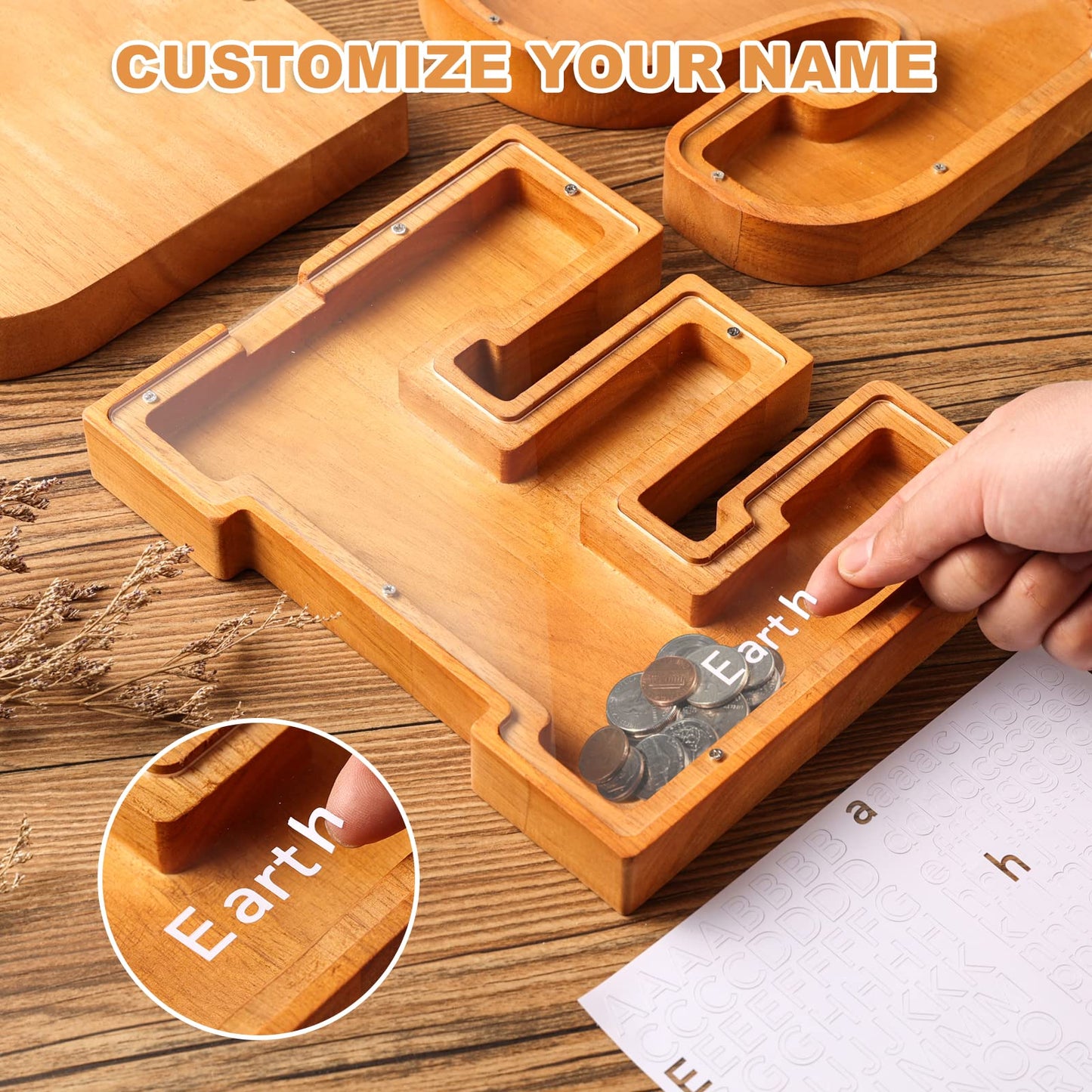 Wooden Letter Piggy Bank for Kids Boys Girls Large 26 Alphabet Money Bank Personalized Custom Name Transparent Saving Coin Bank, Perfect Christmas,Birthday Gift for kids Adults and Home Decoration (J)
