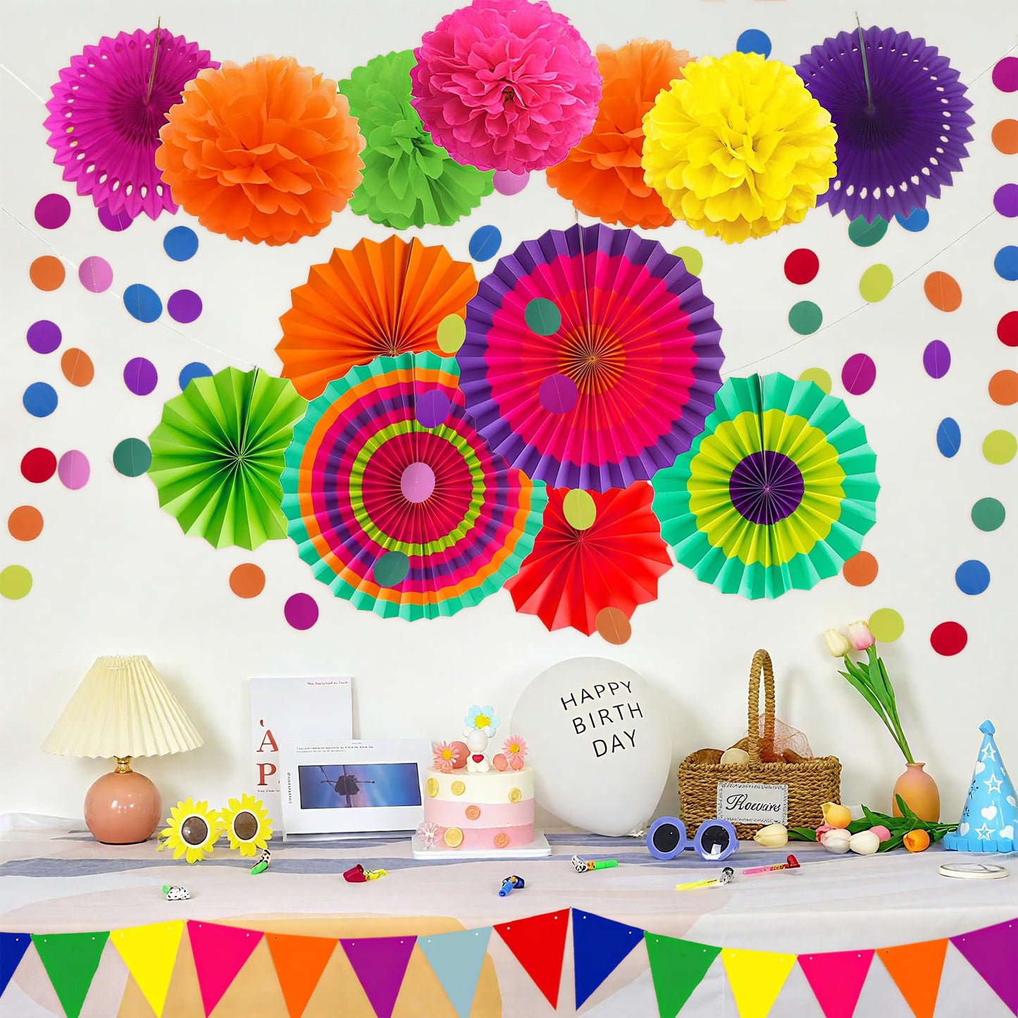 Naimo Hanging Party Decorations Set Paper Flower Pom Poms Banner Flag Dots Garland Paper Fan Wall Decor for Brithday Baby Shower Wedding Graduation