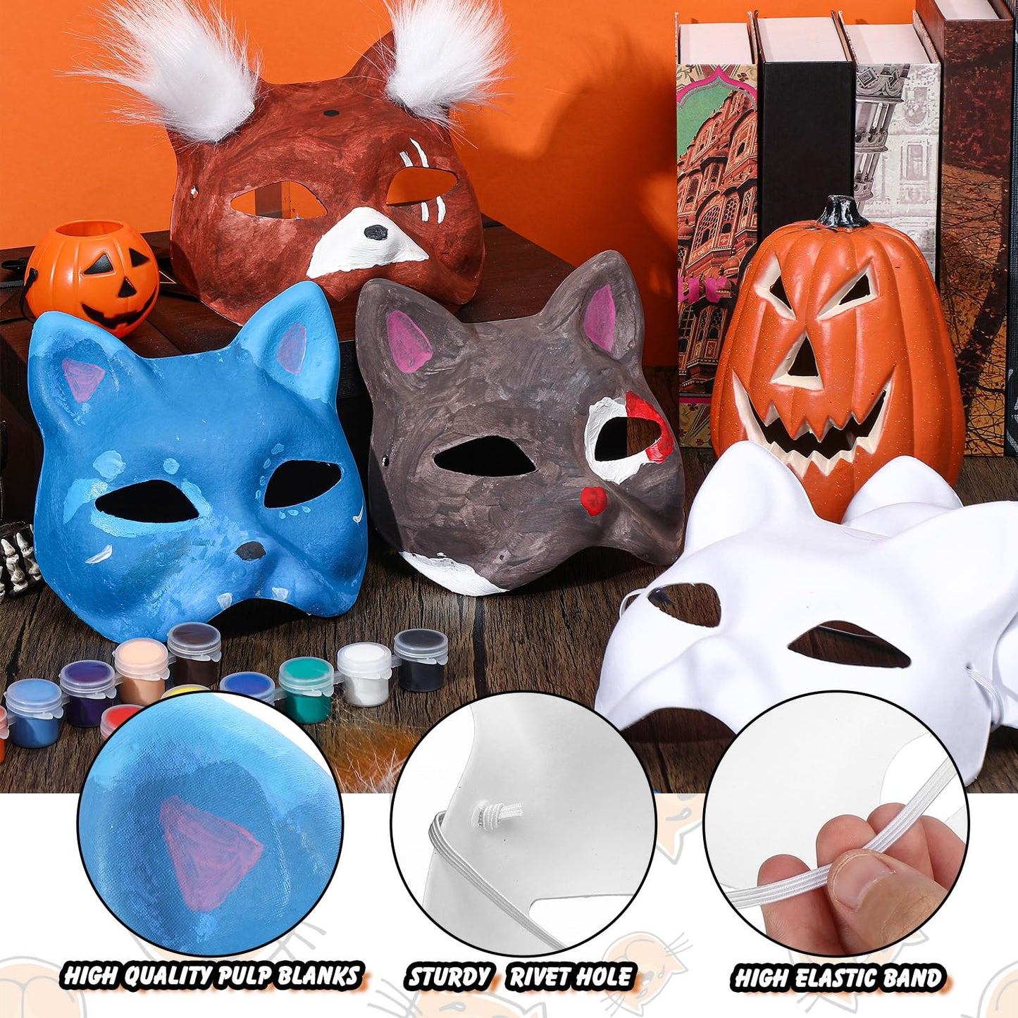 JellyArch 36 Pcs DIY Therian Mask Kit Bulk 30 Blank Animal Mask with Faux Fur Eye Mesh for Christmas Gear Therian(Cat, Fox)