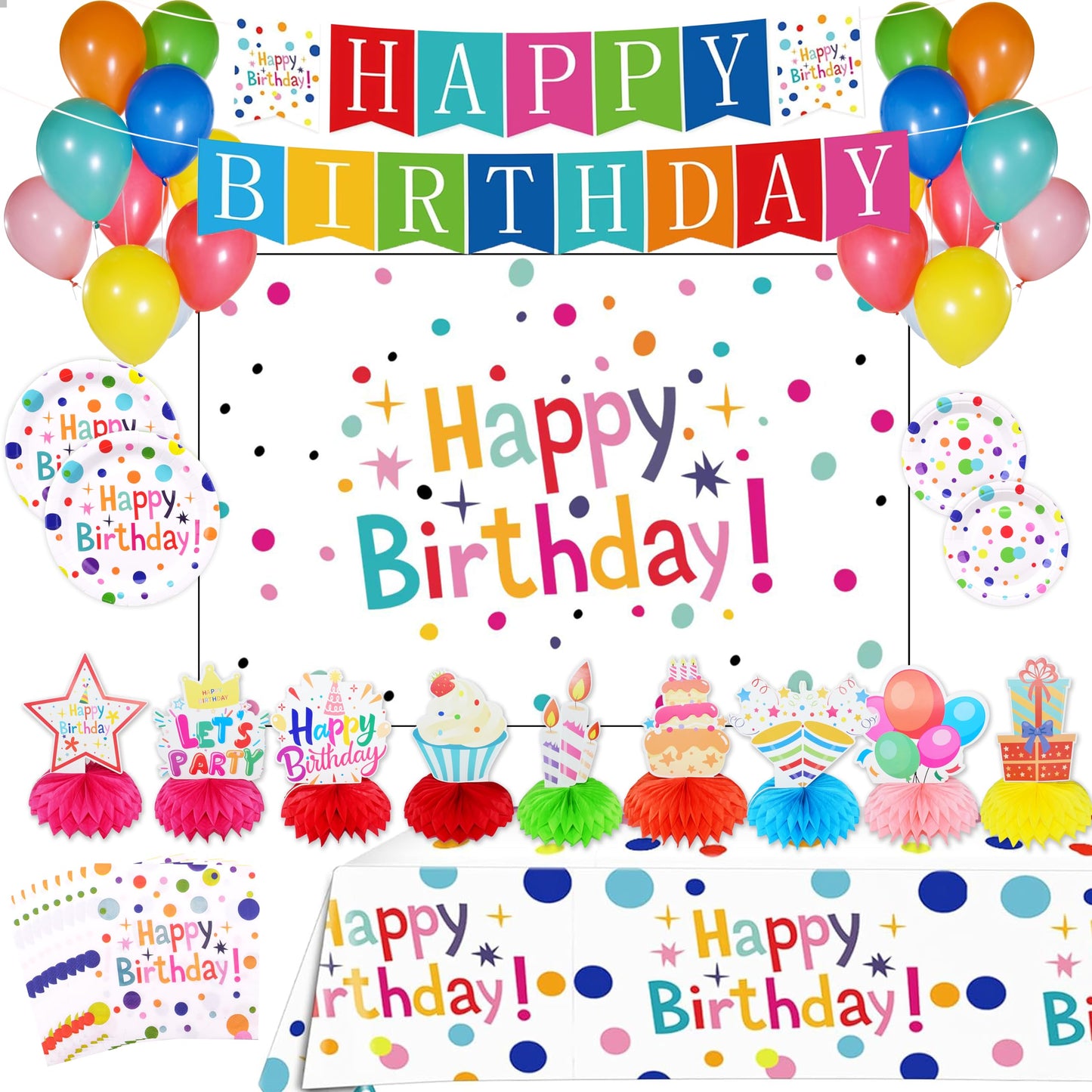 Happy Birthday Decorations Set for Kids - Party Supplies Kit with Honeycomb Balls, Banner, Backdrop, Balloons, Tablecloth, Plates, Napkins- Birthday Party Decor for Boys Girls
