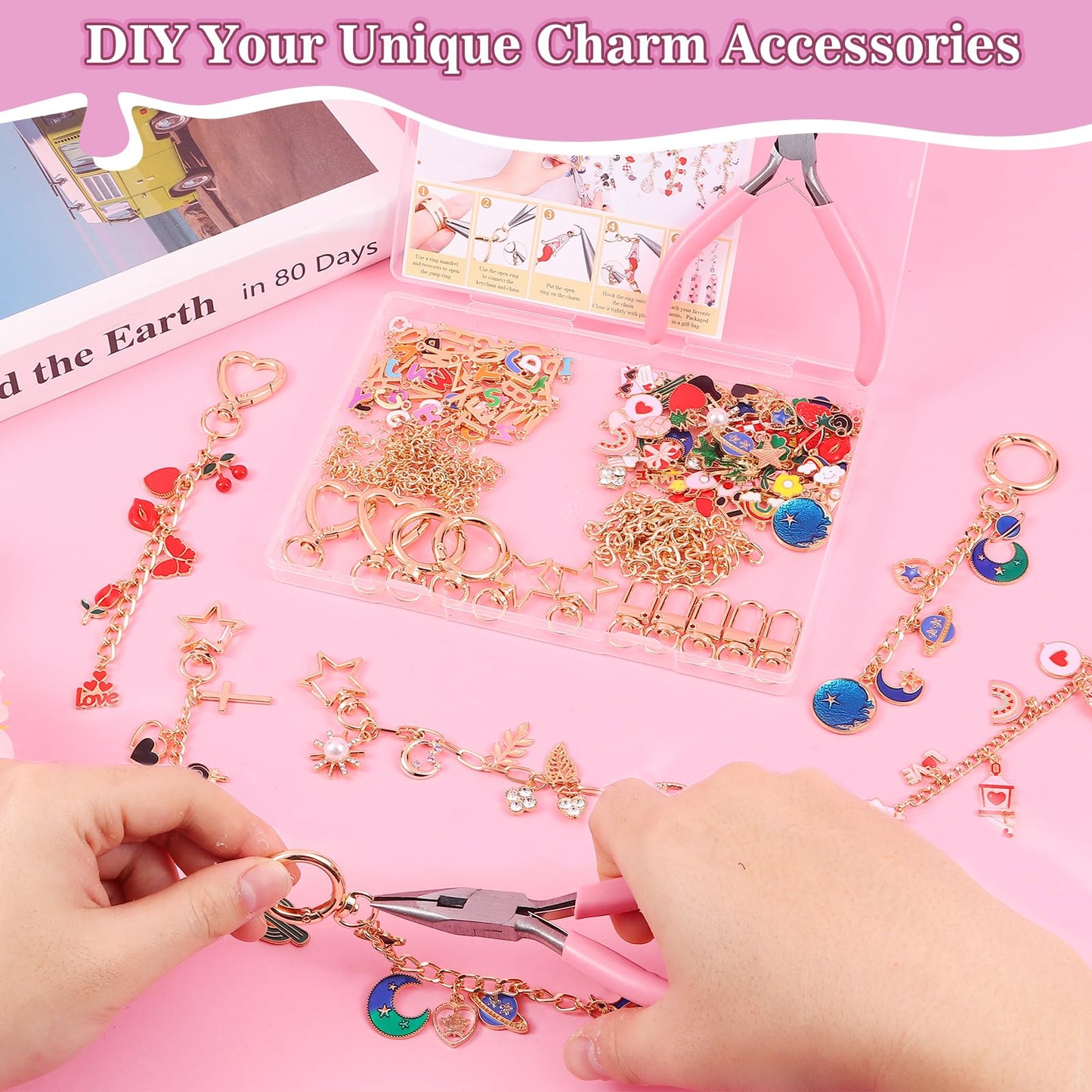 Riwiuue 352Pcs Lip Gloss Keychain Making Kit, DIY Charms Key Chain Making Kit with Bag Charm Supplies, Pendant, Jump Ring, Crab Clip, Pliers, Gift Bag & Tools for Mother's Day Party Gifts