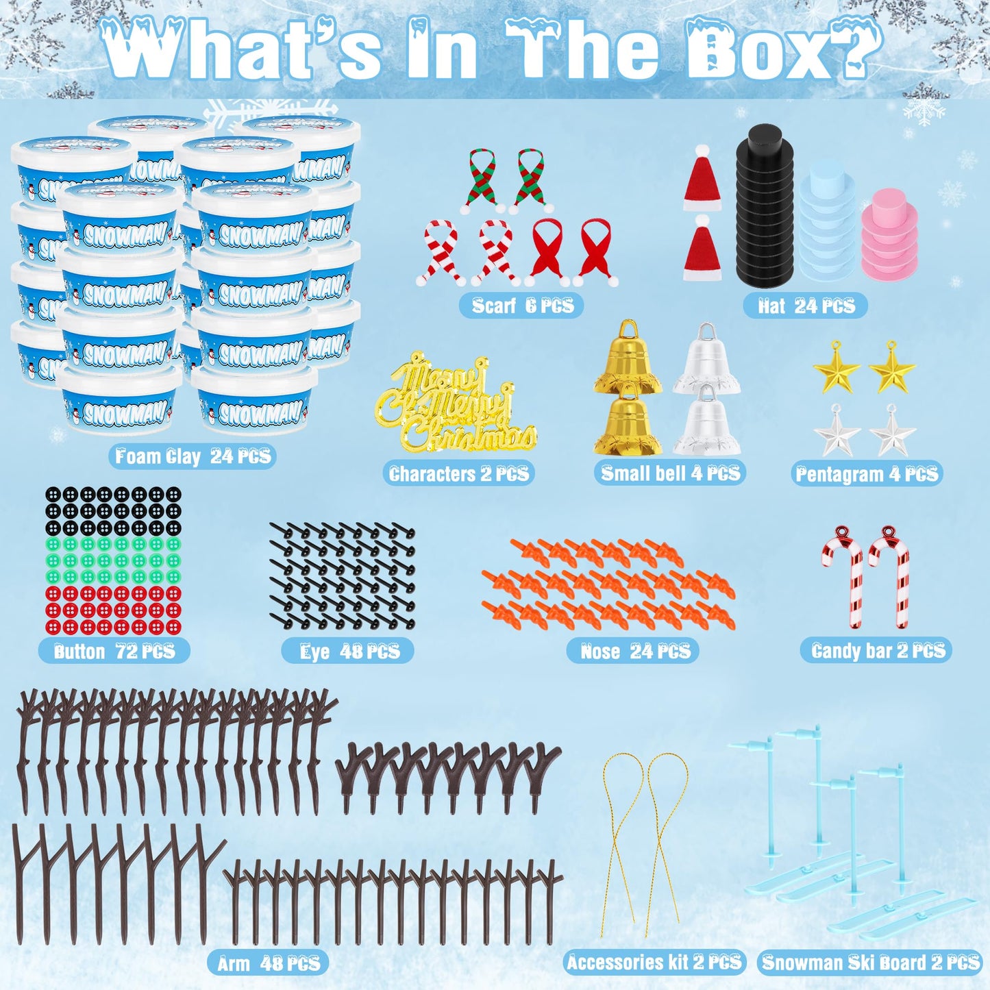 EOBOH 24 Pack Build a Snowman Kit, Christmas DIY Snowman Crafts for Kids Bulk, Snowman Kit Winter Decorations Indoor, Creative Kids Air Dry Clay Modeling Crafts Kit for Christmas Gifts Favor Supplies
